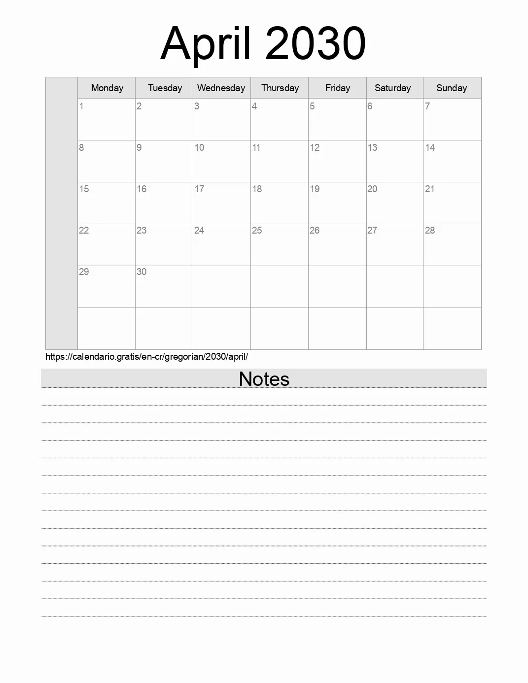 Calendar for printing with notes for 2030 April . (Costa Rica)