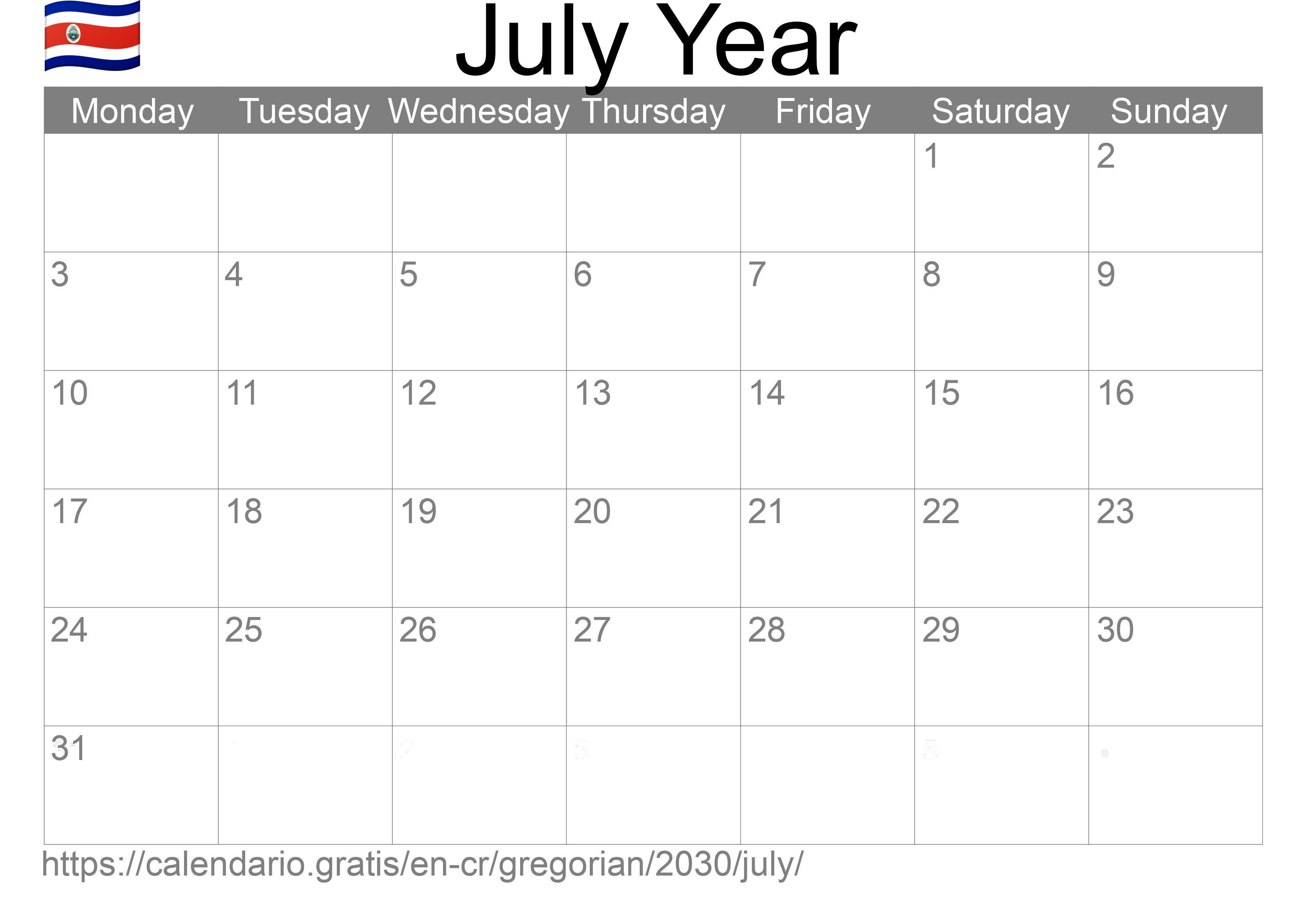 Calendar July 2030 to print