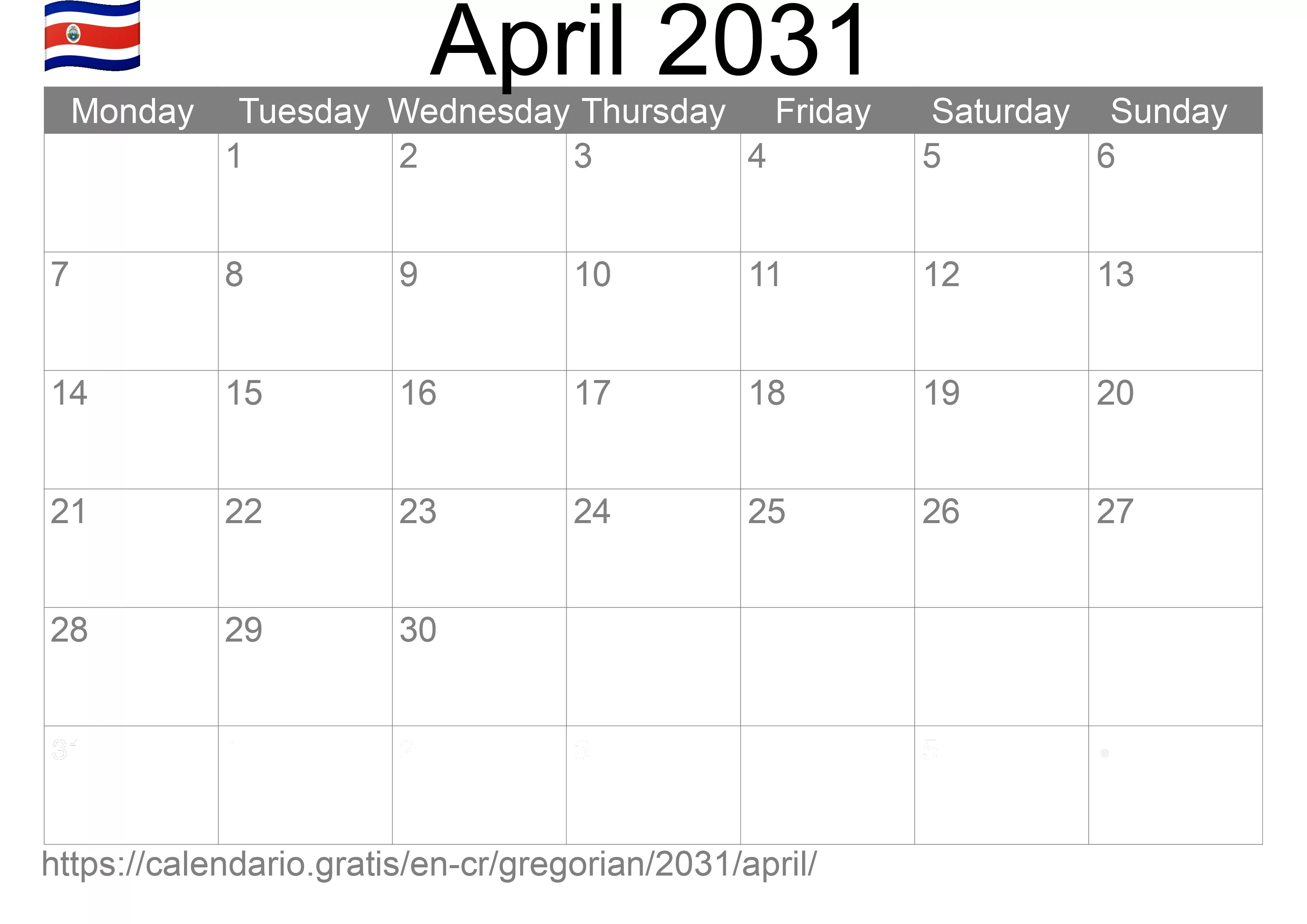 Calendar April 2031 to print (Costa Rica) Calendar April 2031 to print (Costa Rica)