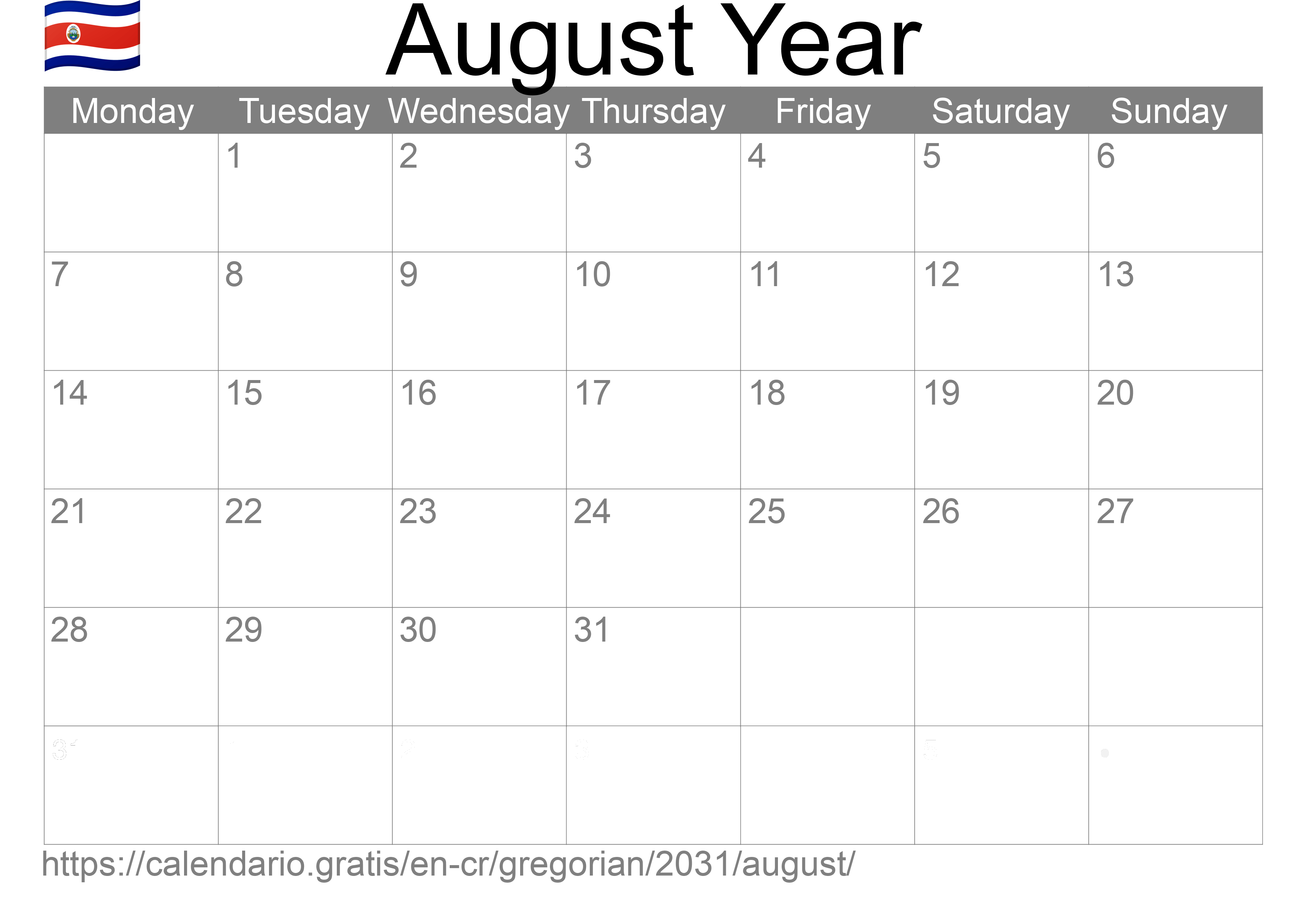 Calendar August 2031 to print