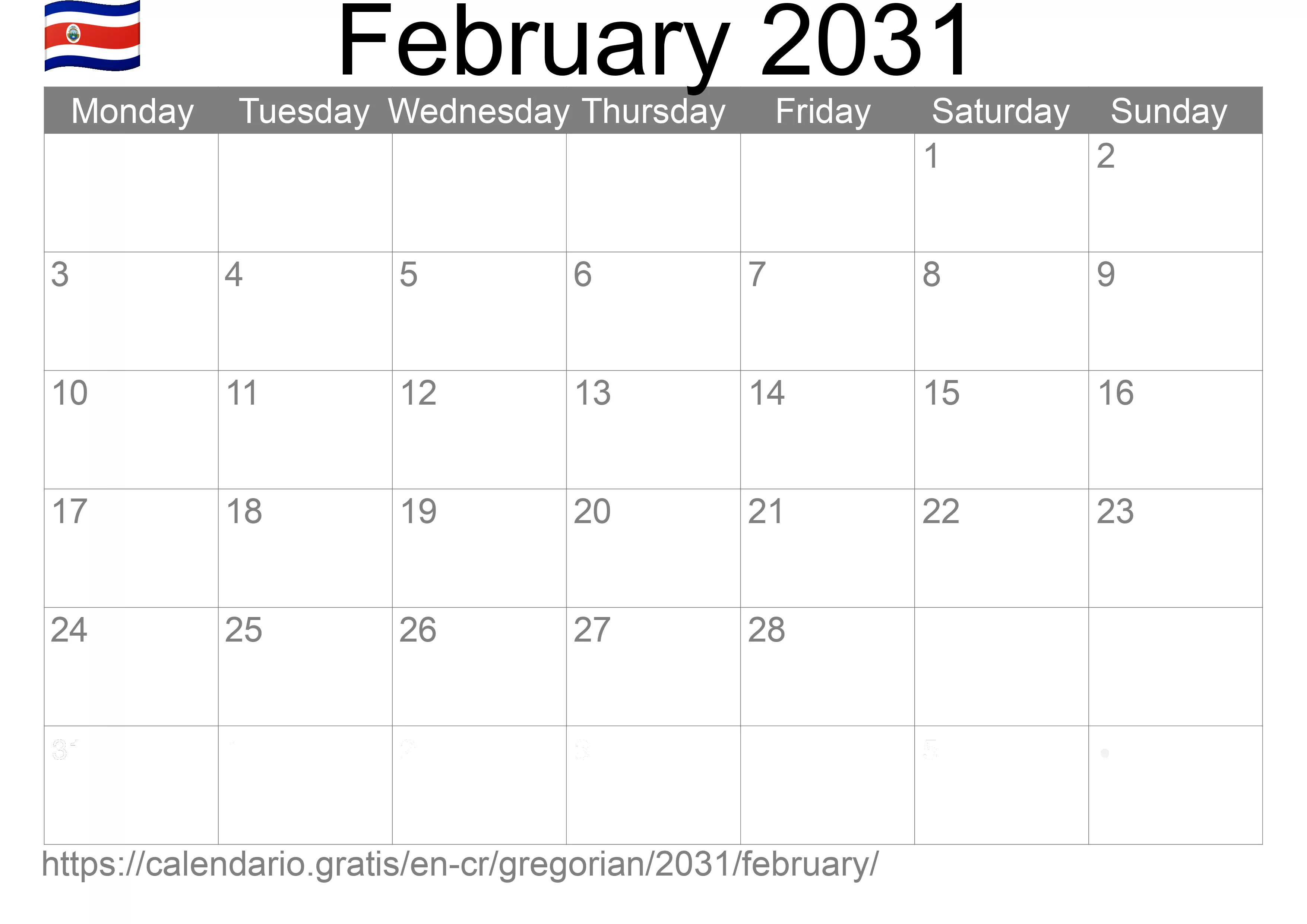 Calendar February 2031 to print (Costa Rica) Calendar February 2031 to print (Costa Rica)