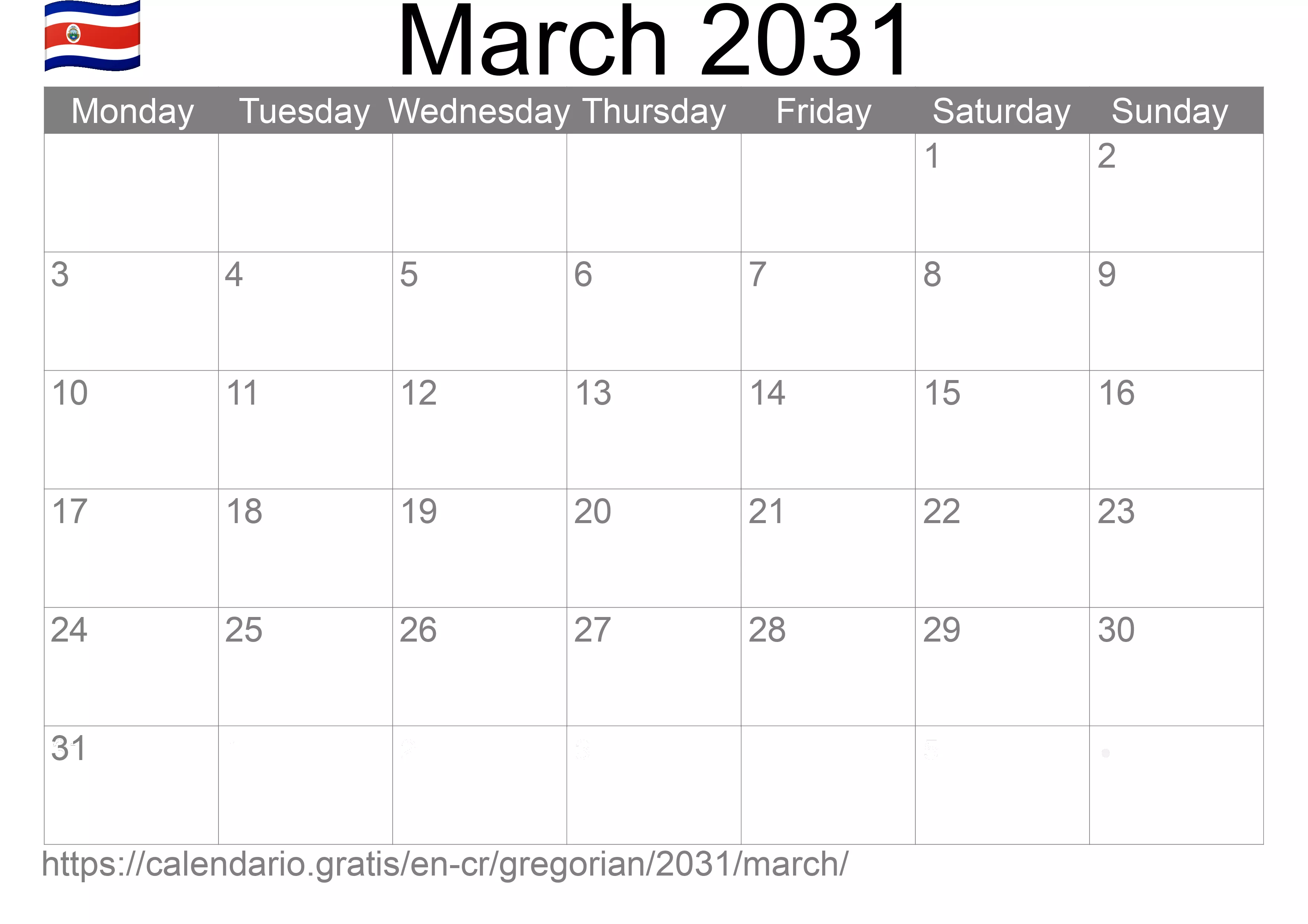 Calendar March 2031 to print (Costa Rica) Calendar March 2031 to print (Costa Rica)