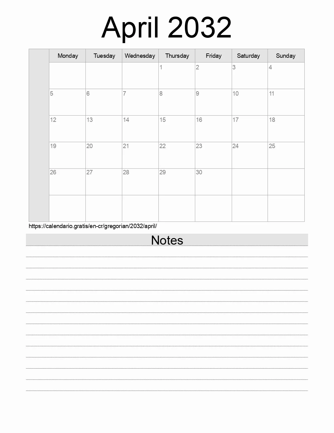 Calendar for printing with notes for 2032 April . (Costa Rica)