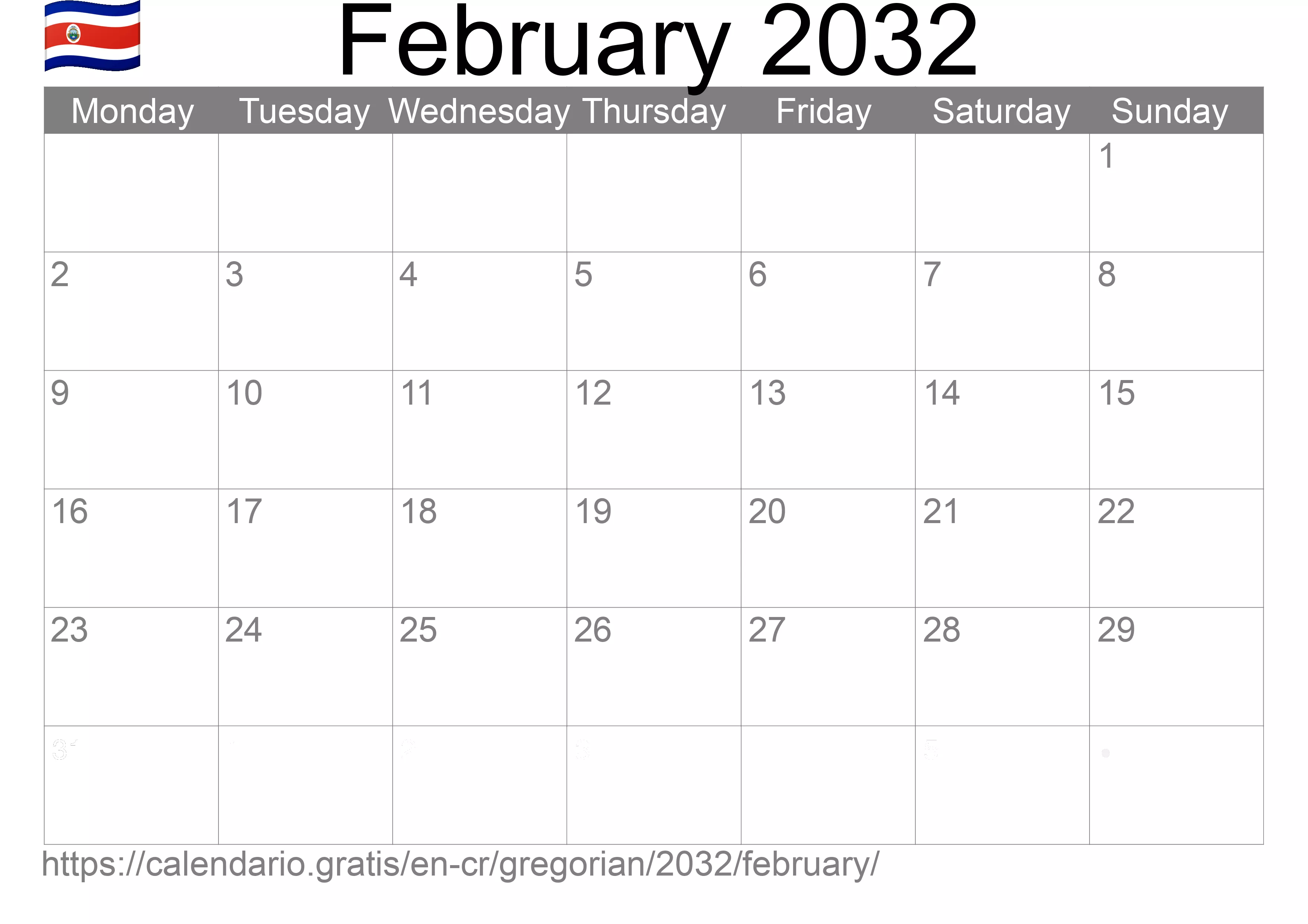 Calendar February 2032 to print (Costa Rica) Calendar February 2032 to print (Costa Rica)