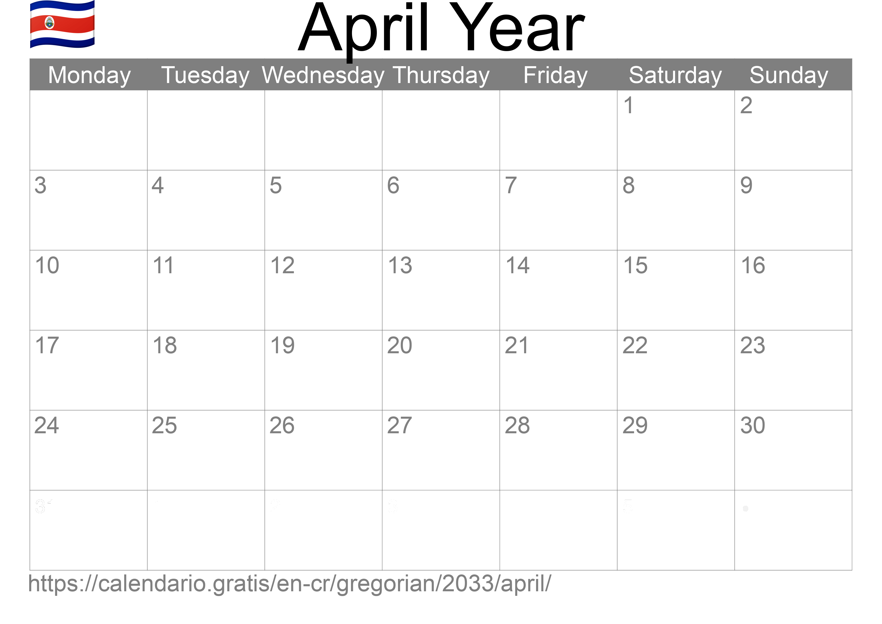 Calendar April 2033 to print