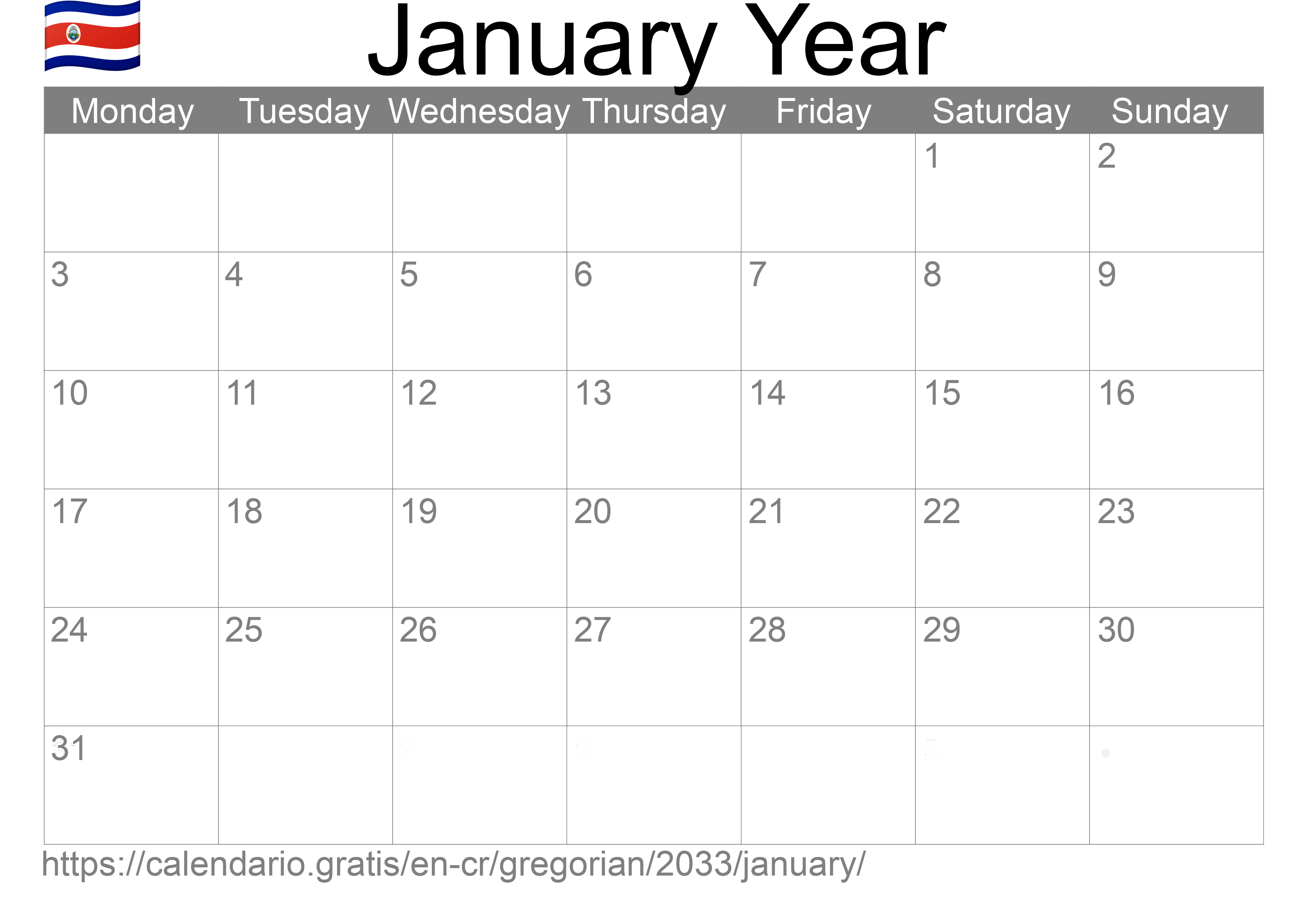 Calendar January 2033 to print