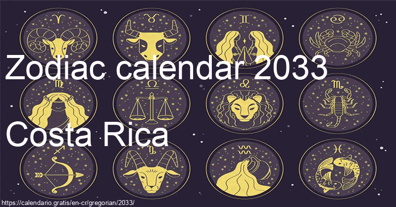 Calendar 2033 from Costa Rica in English: Holidays and moon phase