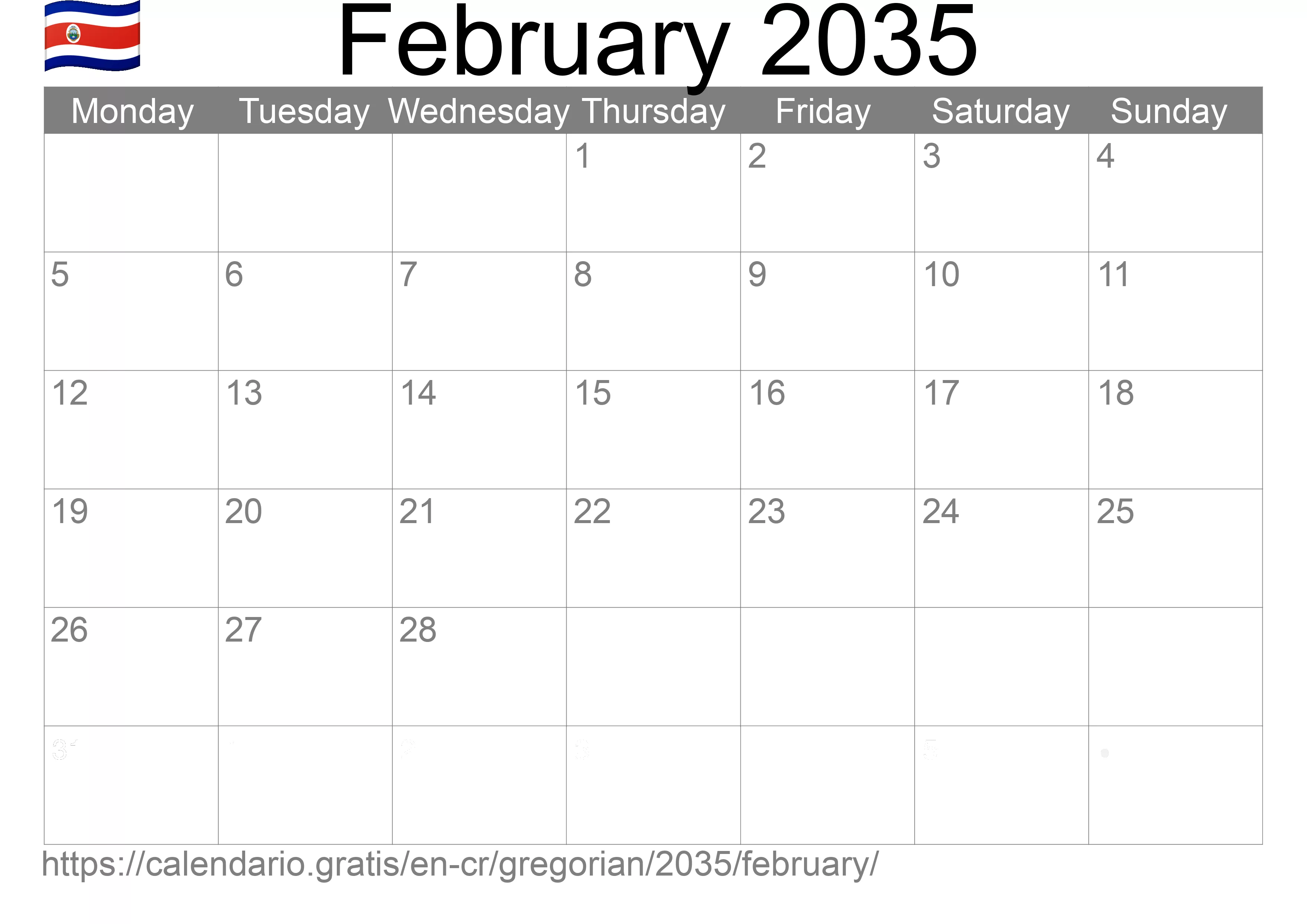 Calendar February 2035 to print (Costa Rica) Calendar February 2035 to print (Costa Rica)