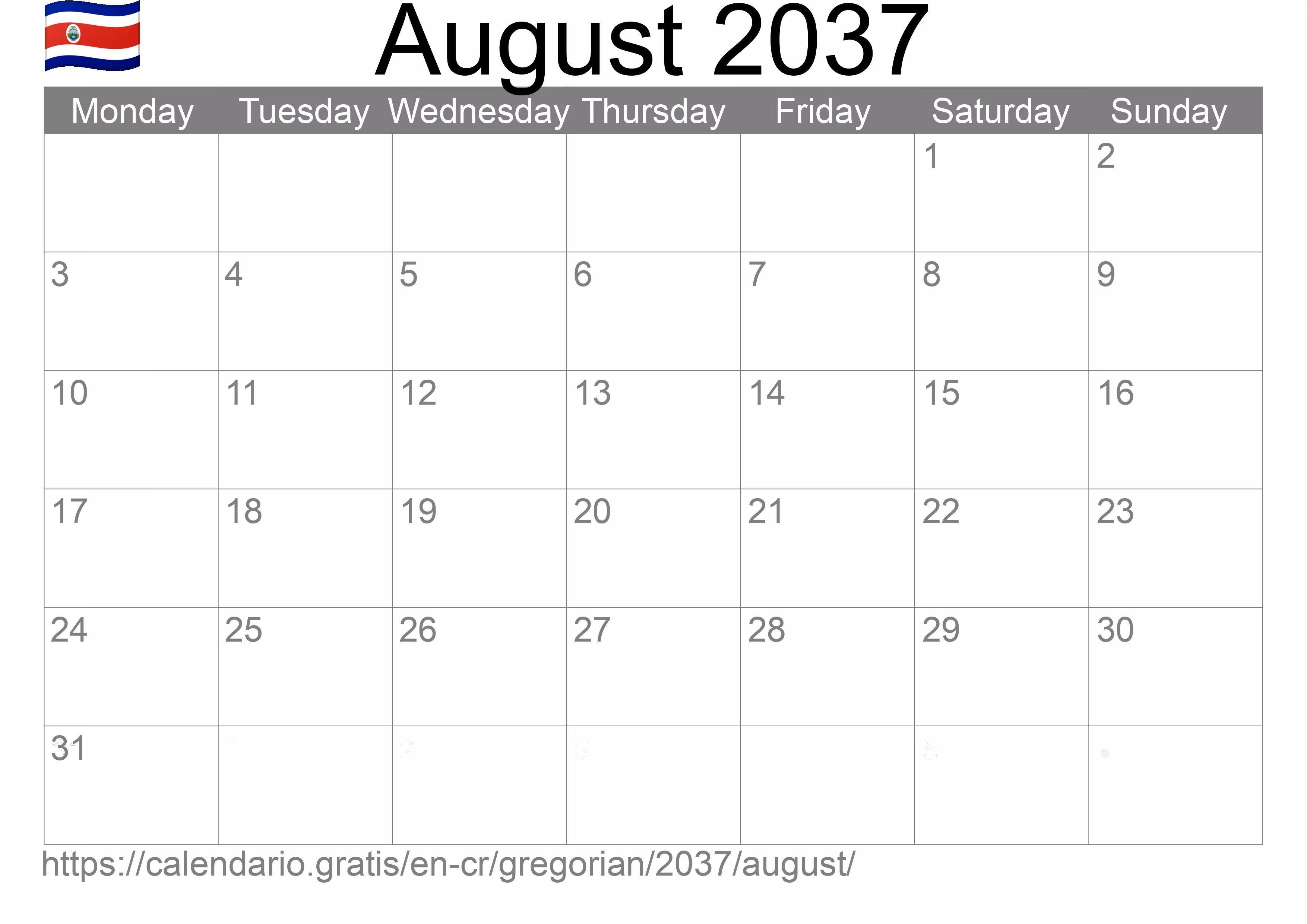 Calendar August 2037 to print (Costa Rica) Calendar August 2037 to print (Costa Rica)