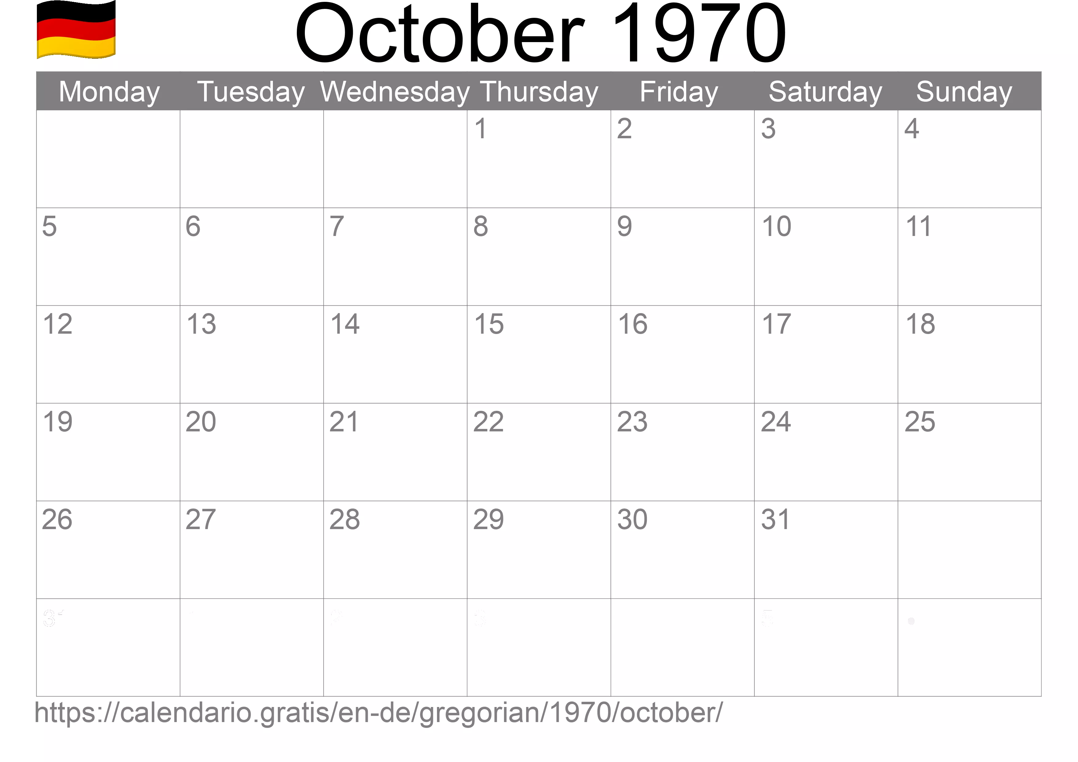 Calendar October 1970 to print (Germany) Calendar October 1970 to print (Germany)