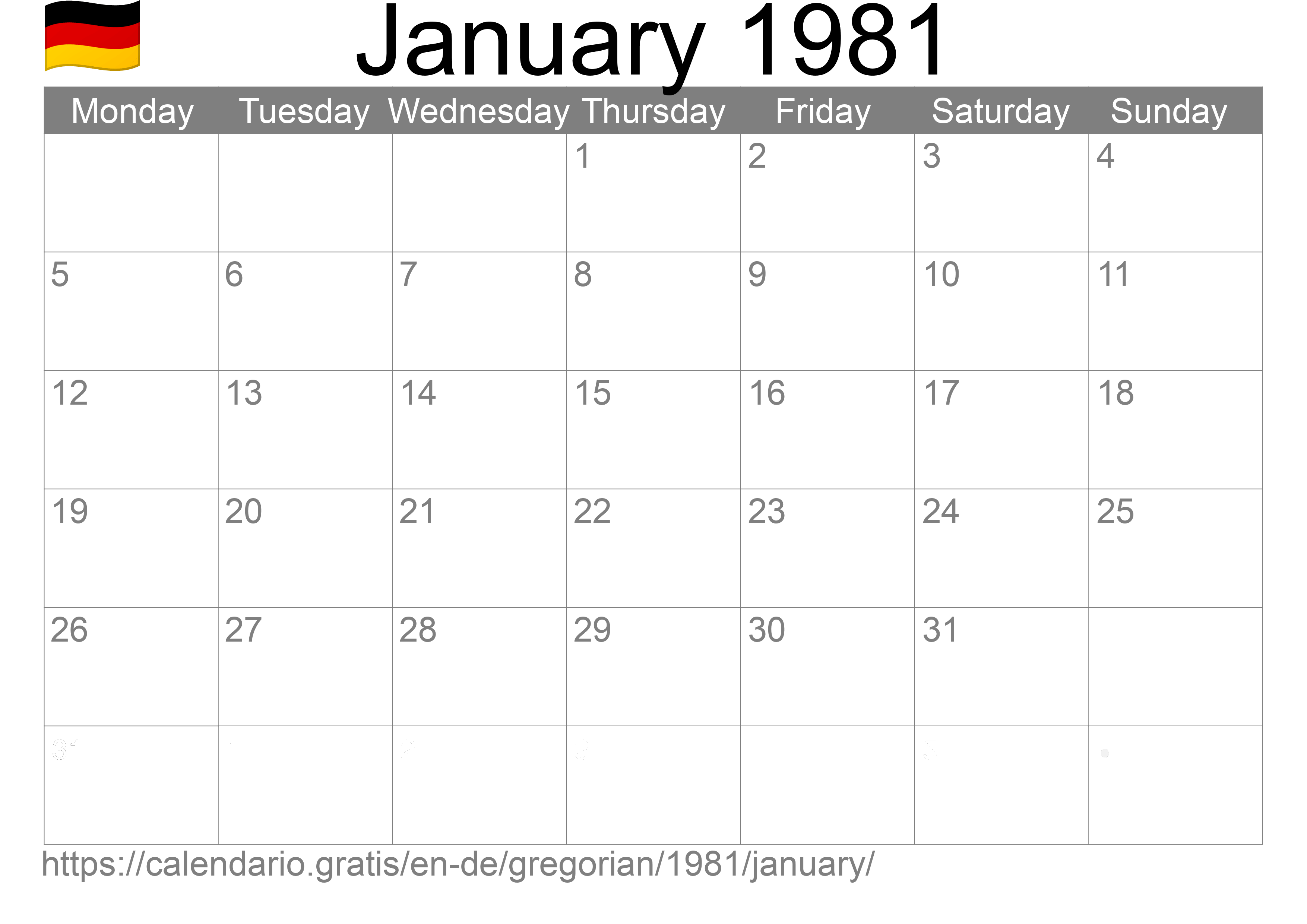 Calendar January 1981 to print