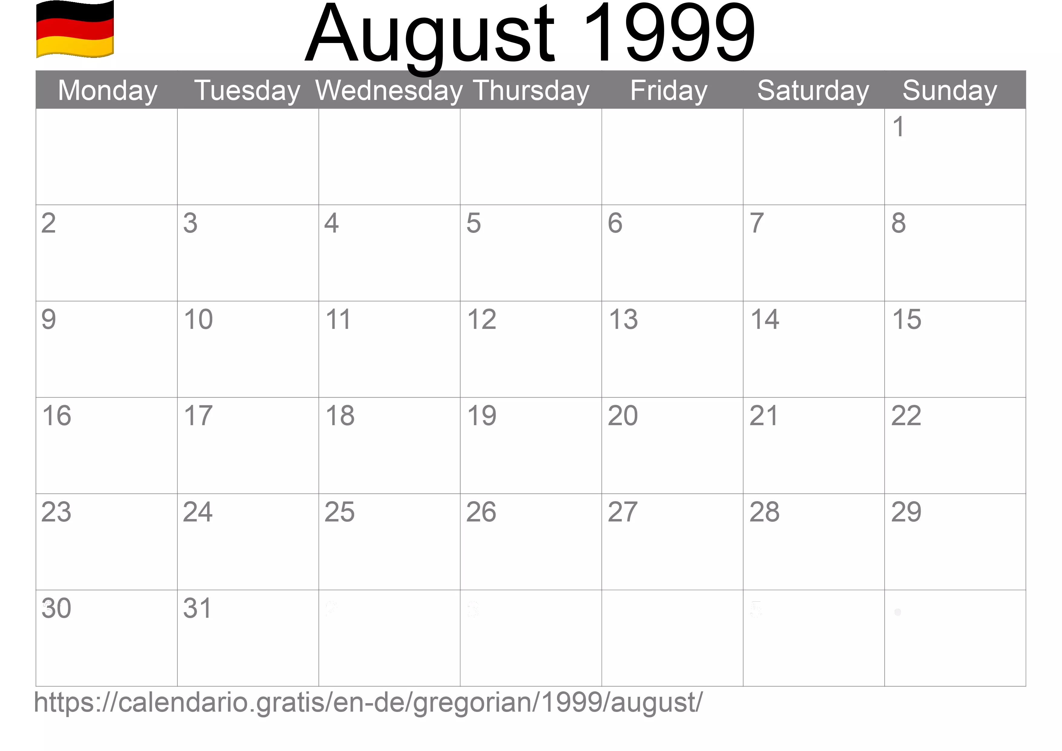 Calendar August 1999 to print (Germany)