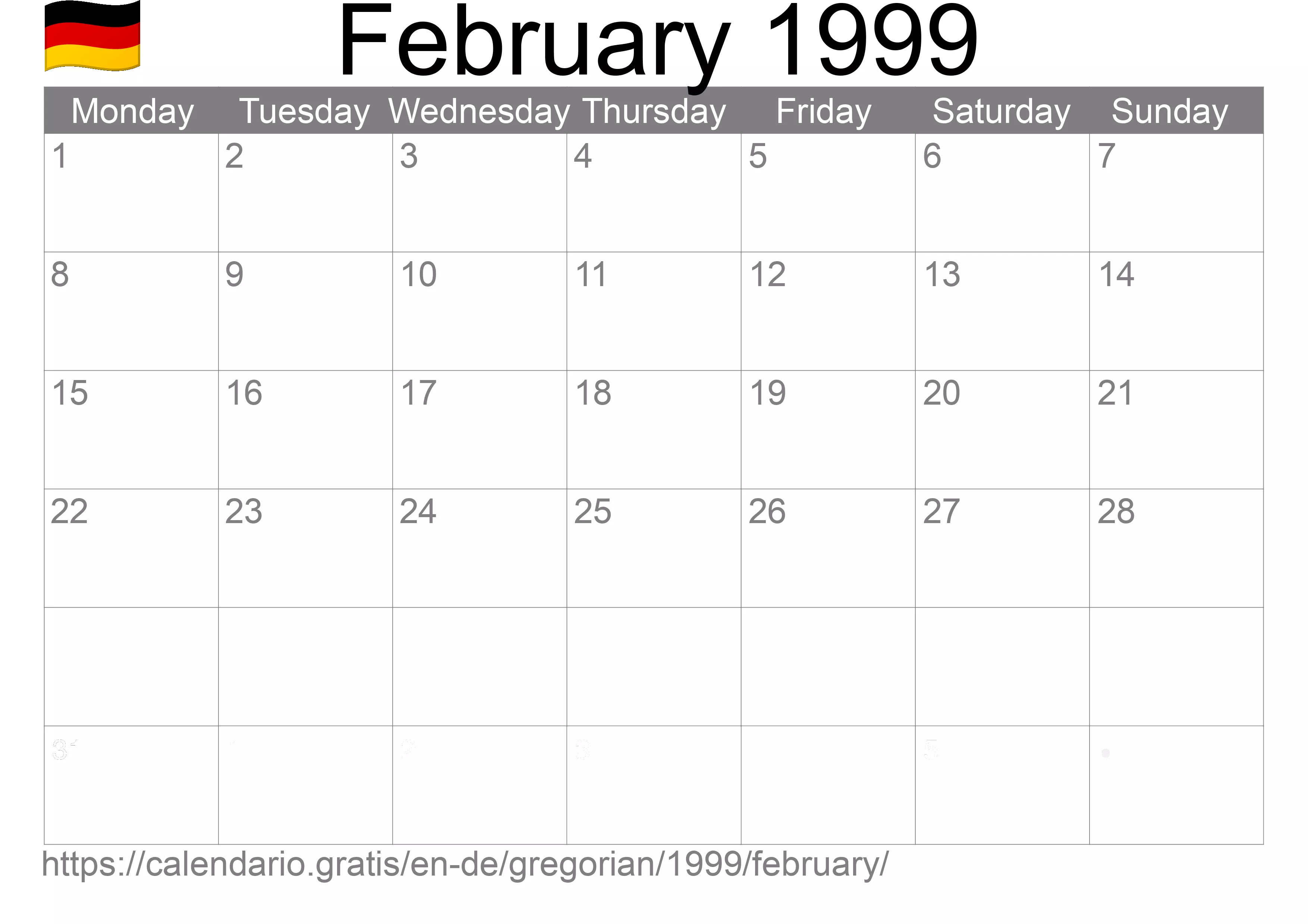 Calendar February 1999 to print (Germany) Calendar February 1999 to print (Germany)
