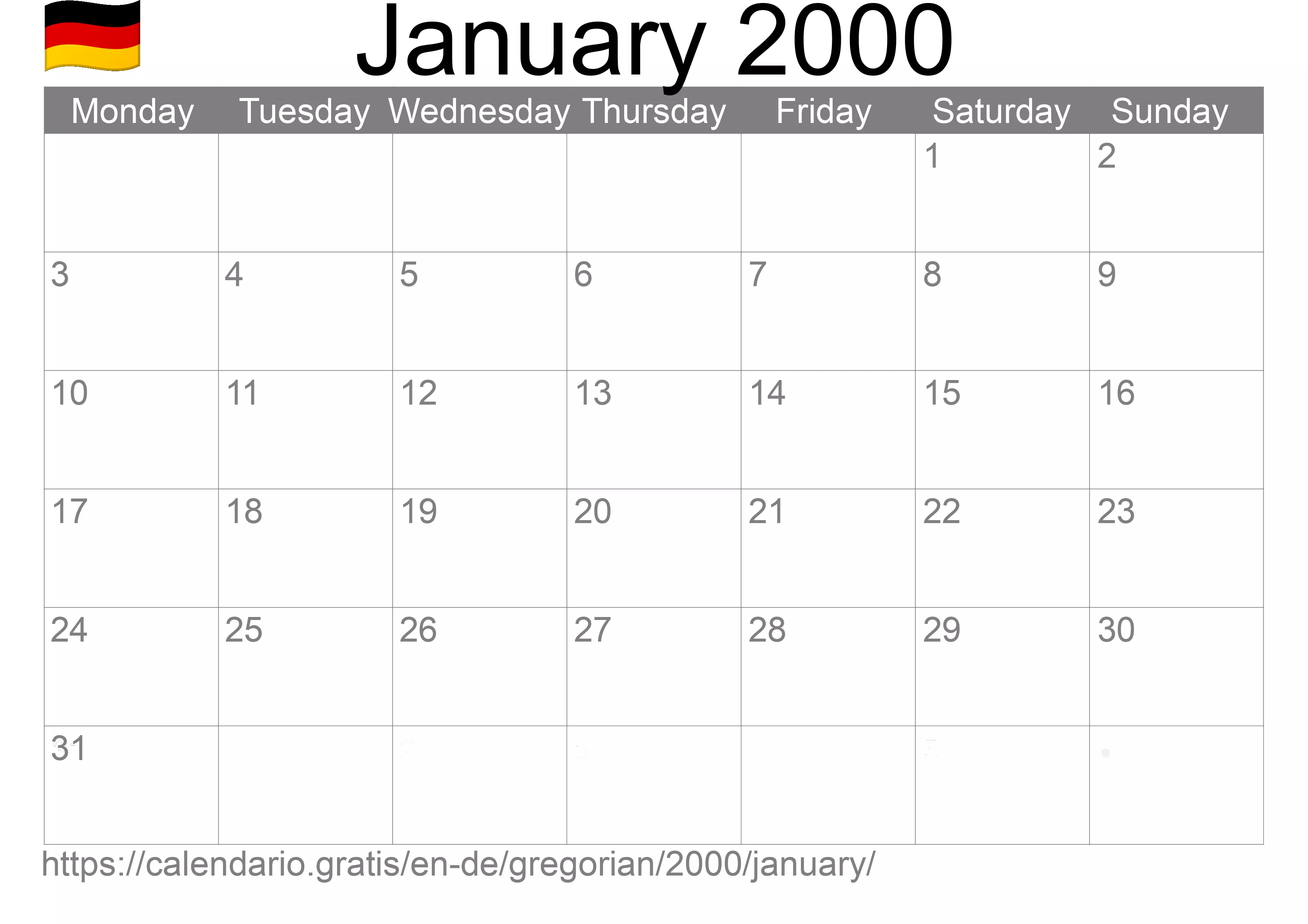 Calendar January 2000 to print (Germany) Calendar January 2000 to print (Germany)