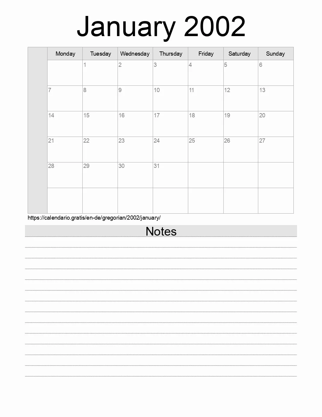 Calendar for printing with notes for 2002 January . (Germany) Calendar for printing with notes for 2002 January . (Germany)