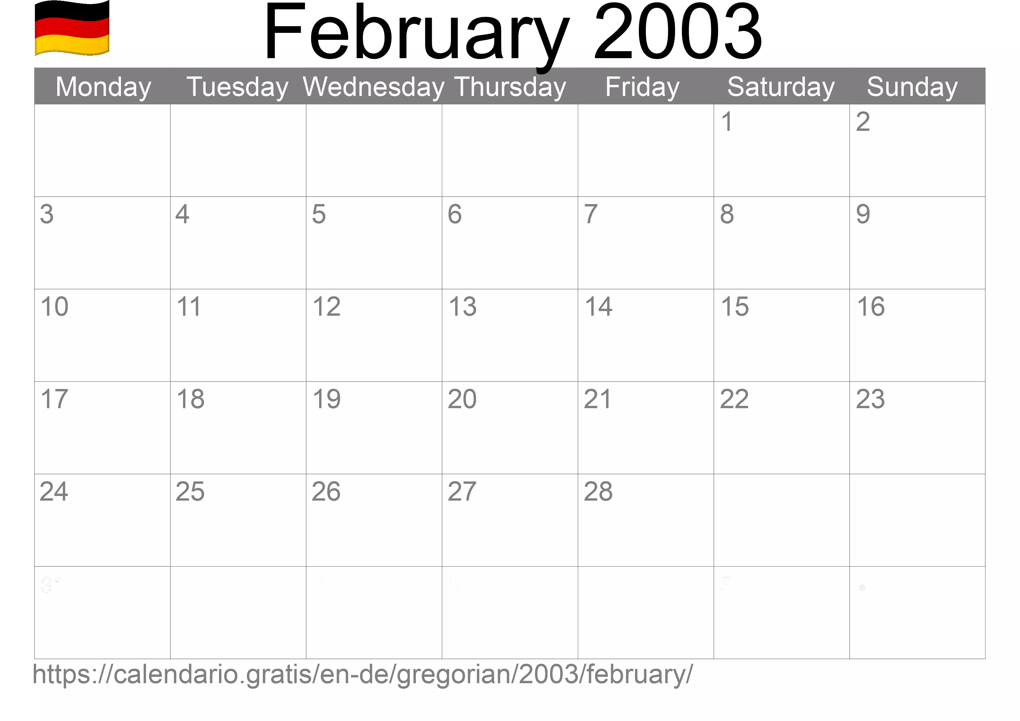 Calendar February 2003 to print (Germany) Calendar February 2003 to print (Germany)