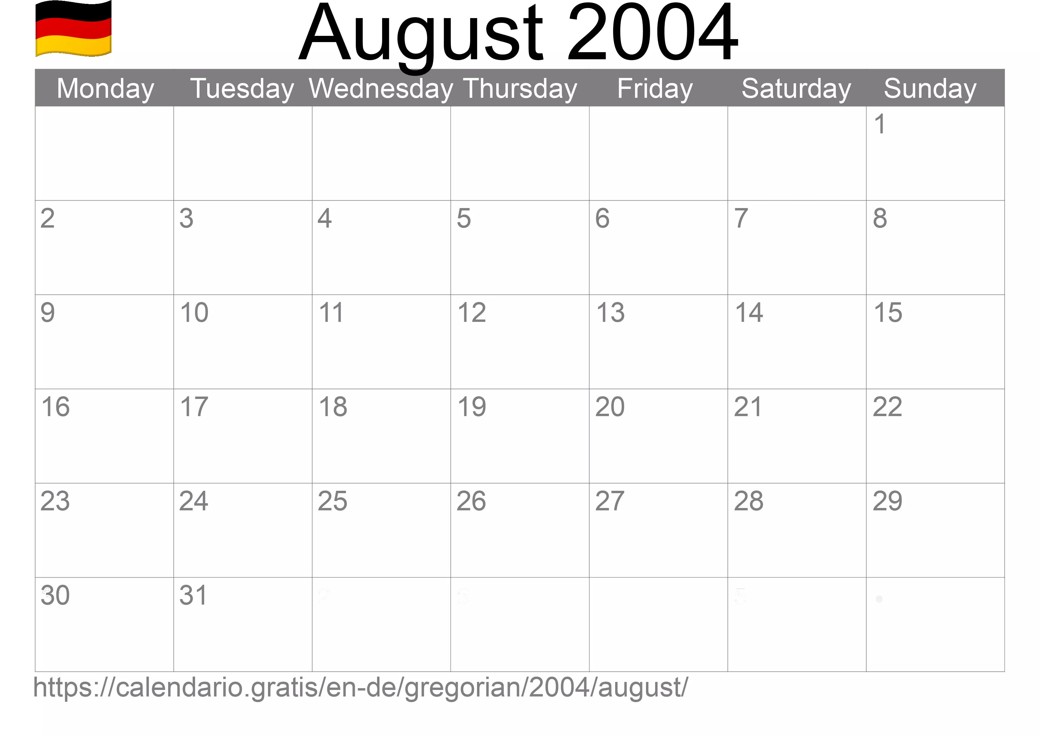 Calendar August 2004 to print (Germany) Calendar August 2004 to print (Germany)