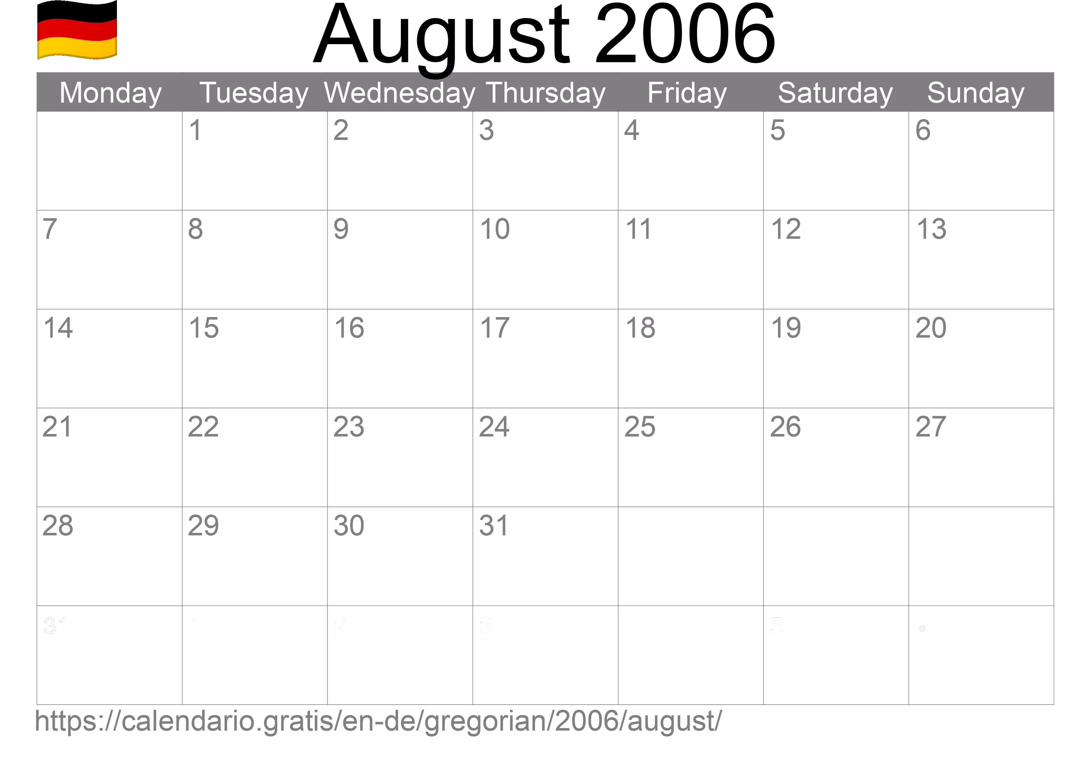 Calendar August 2006 to print (Germany) Calendar August 2006 to print (Germany)