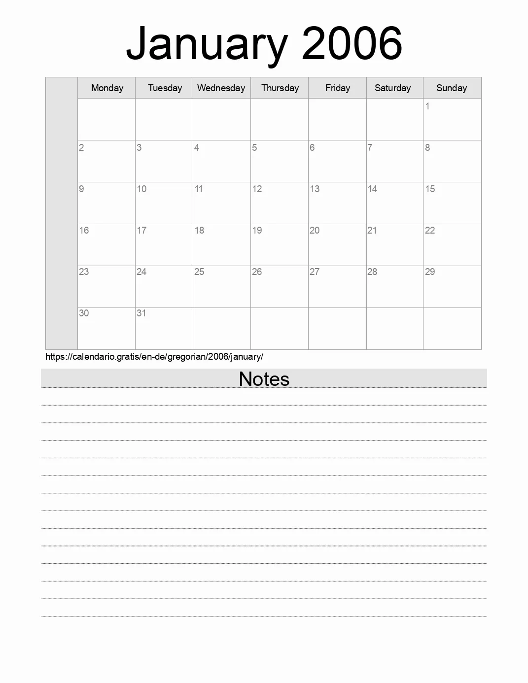 Calendar for printing with notes for 2006 January . (Germany) Calendar for printing with notes for 2006 January . (Germany)