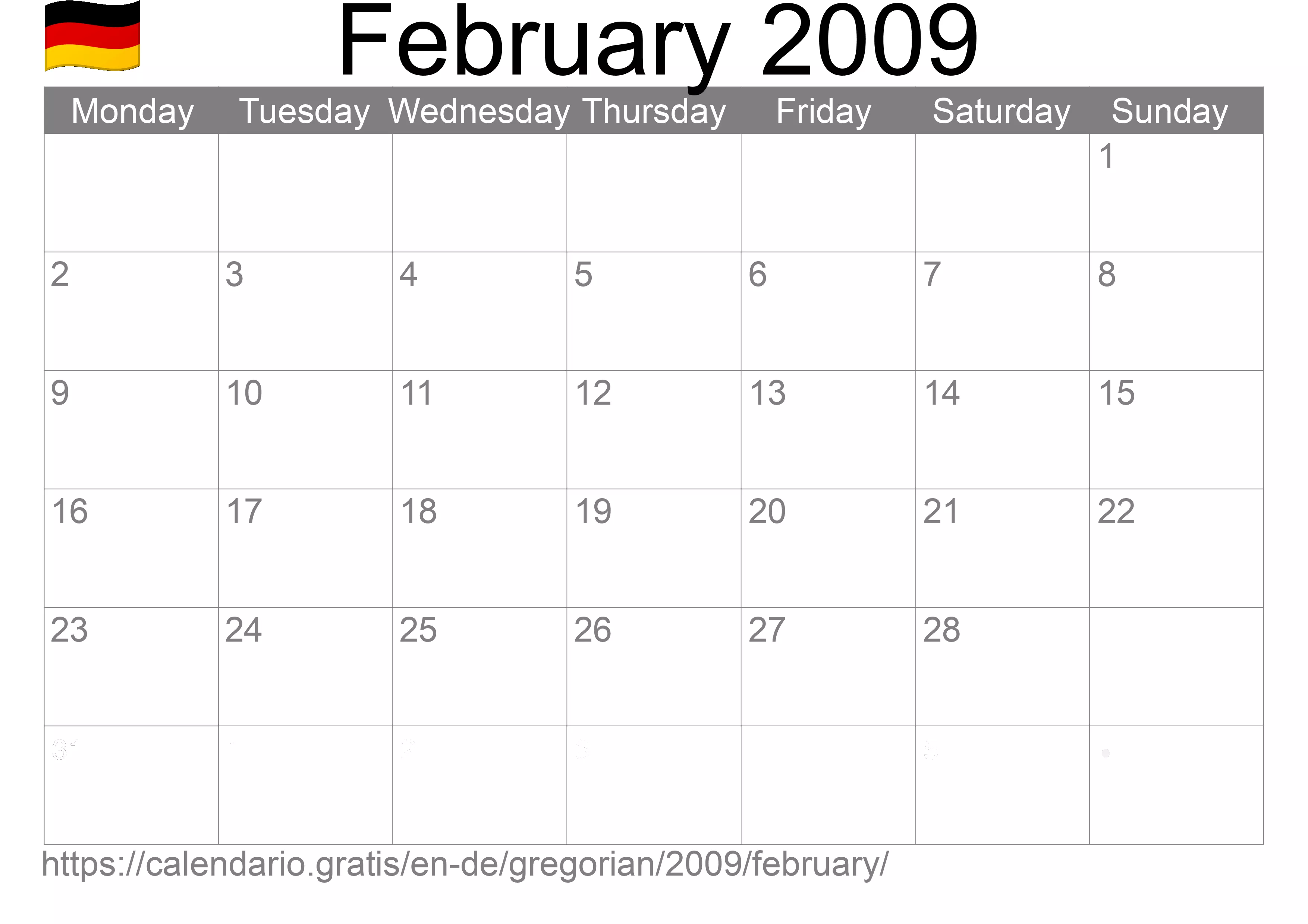 Calendar February 2009 to print (Germany) Calendar February 2009 to print (Germany)