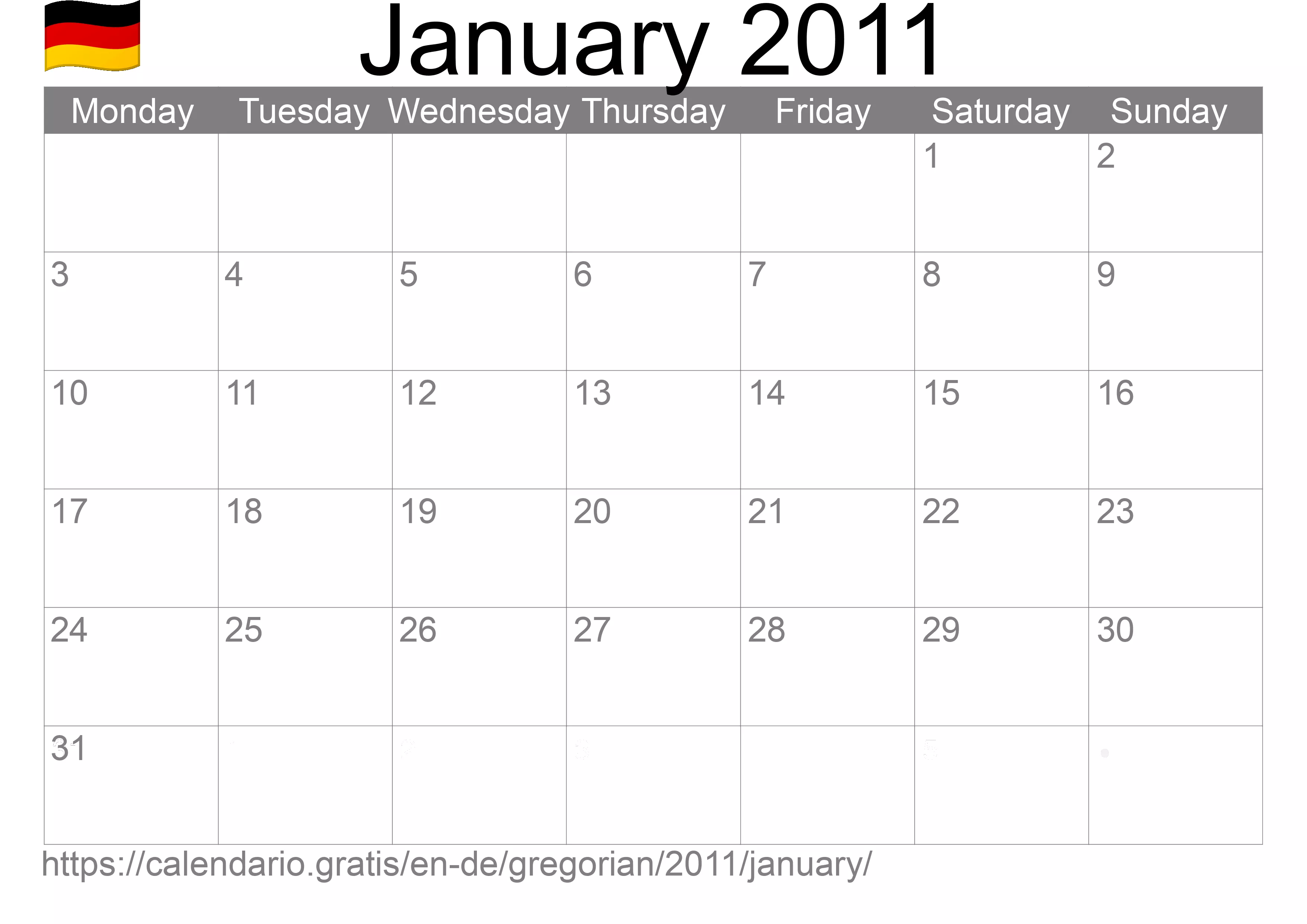 Calendar January 2011 to print (Germany) Calendar January 2011 to print (Germany)