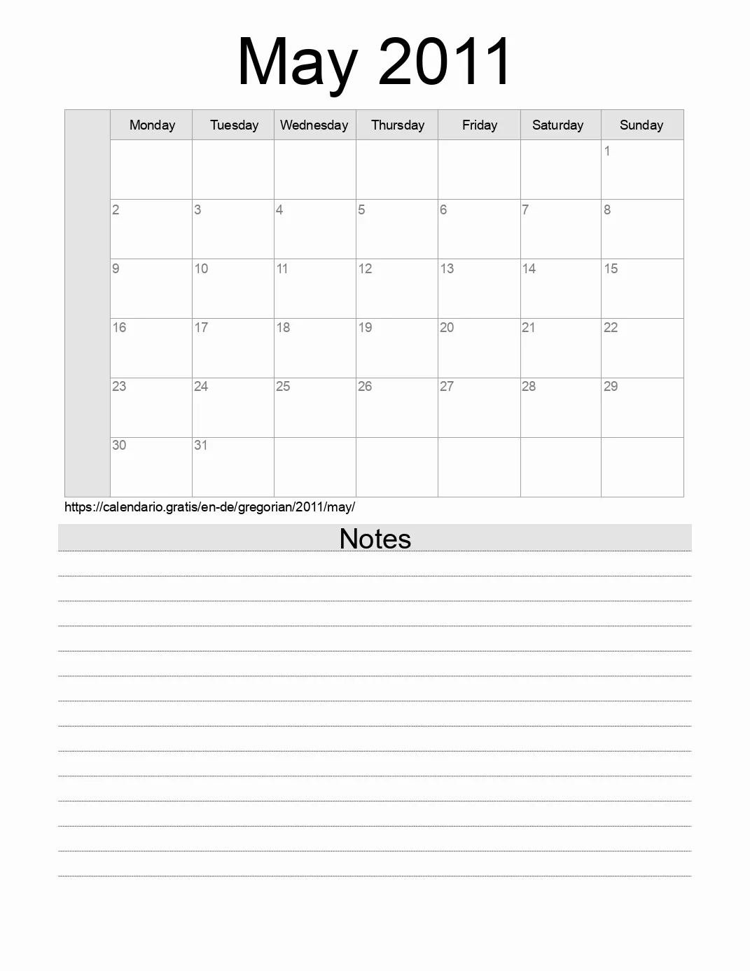 Calendar for printing with notes for 2011 May . (Germany) Calendar for printing with notes for 2011 May . (Germany)