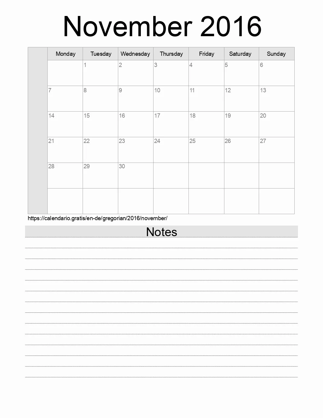 Calendar for printing with notes for 2016 November . (Germany)