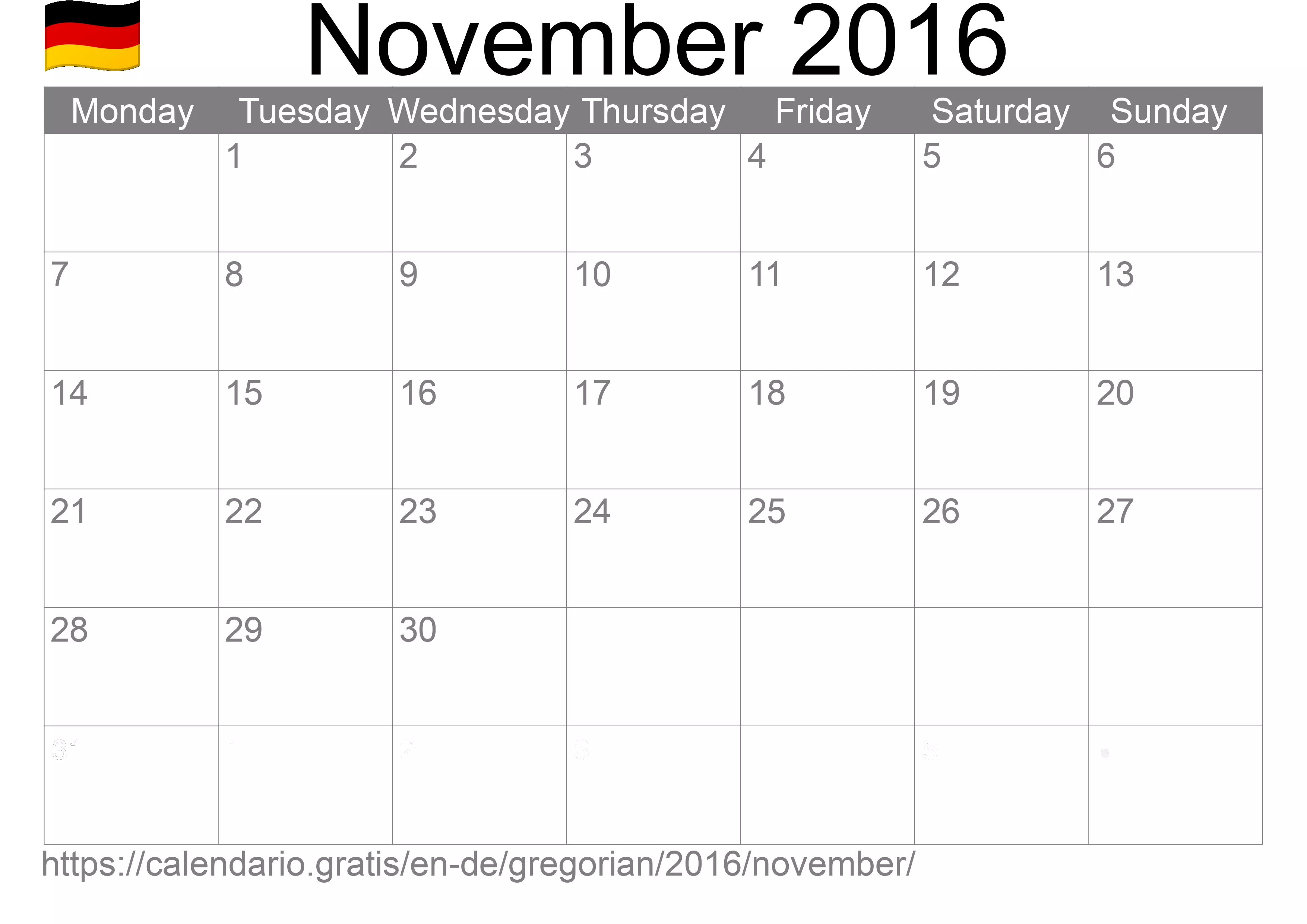 Calendar November 2016 to print (Germany)