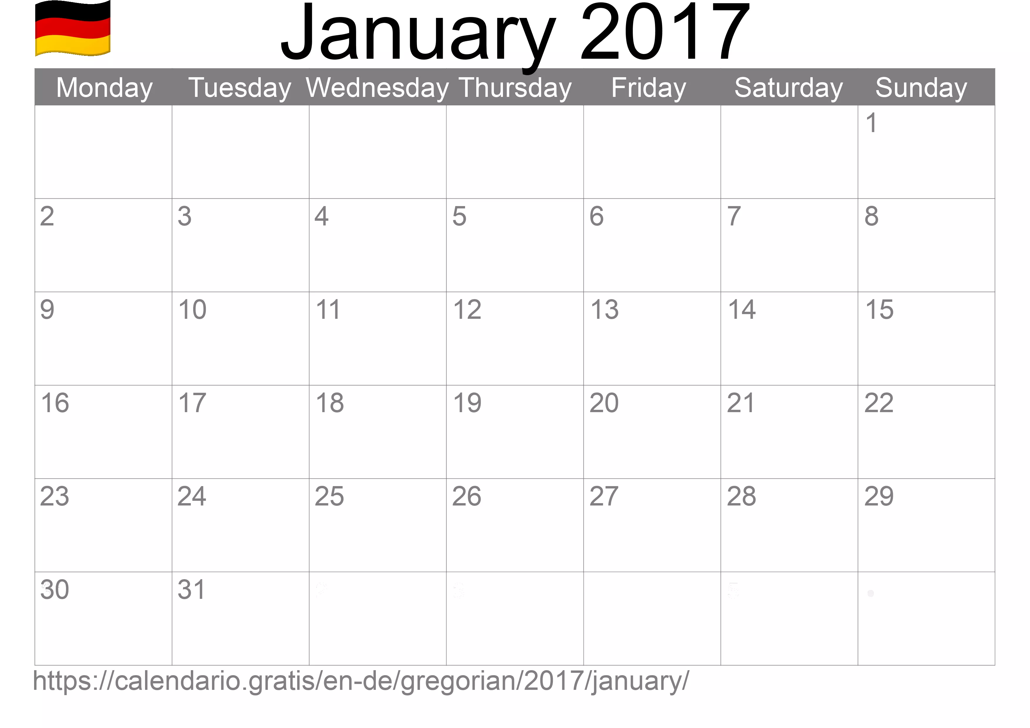 Calendar January 2017 to print (Germany) Calendar January 2017 to print (Germany)