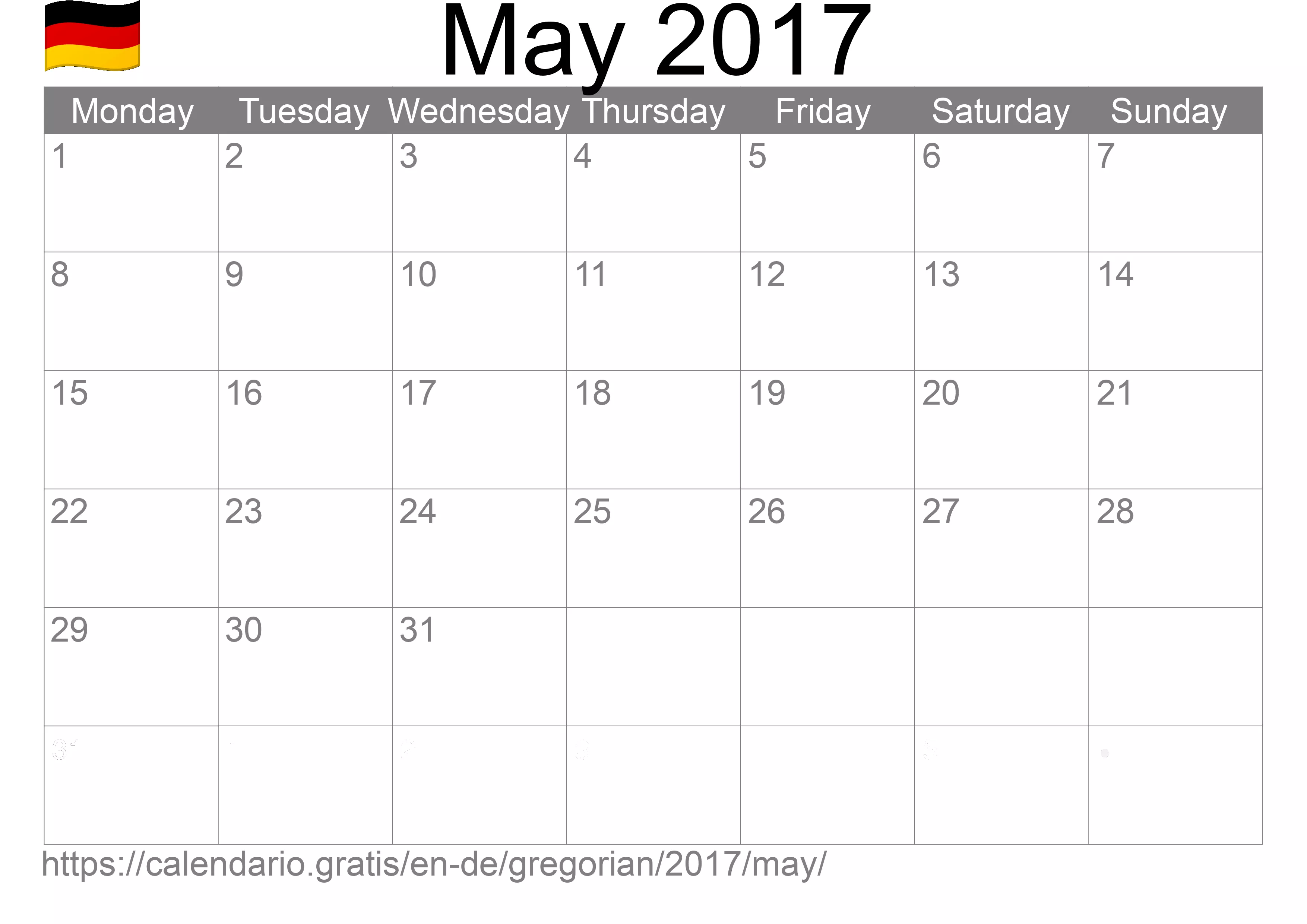 Calendar May 2017 to print (Germany) Calendar May 2017 to print (Germany)
