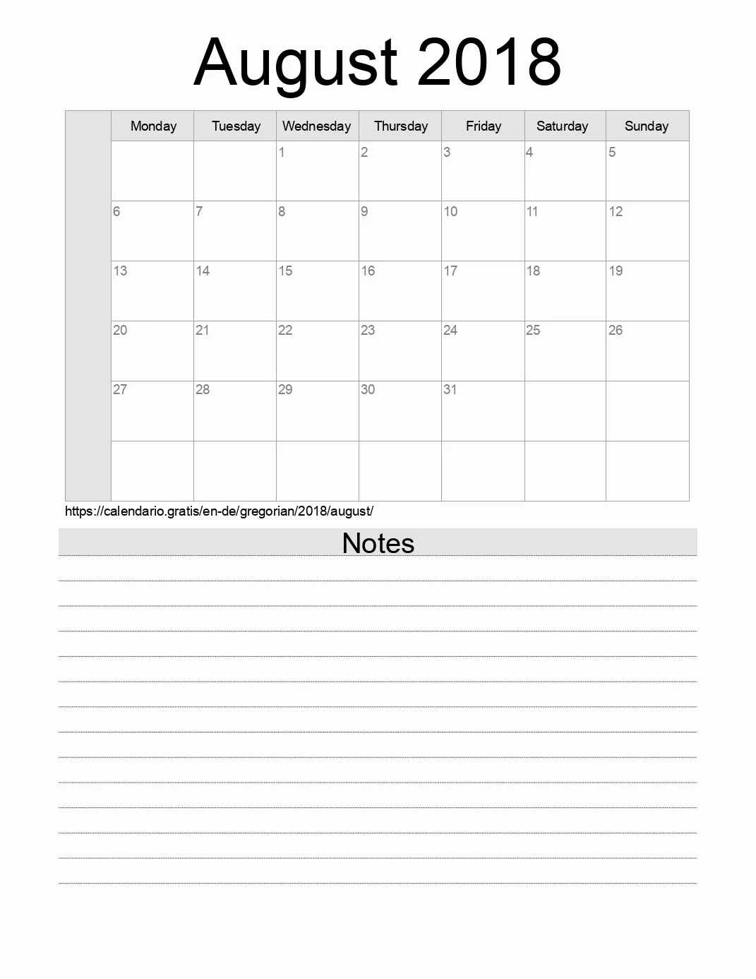 Calendar for printing with notes for 2018 August . (Germany) Calendar for printing with notes for 2018 August . (Germany)