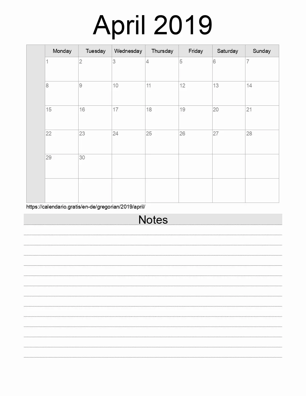 Calendar for printing with notes for 2019 April . (Germany) Calendar for printing with notes for 2019 April . (Germany)