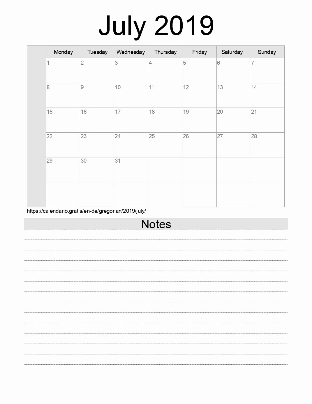 Calendar for printing with notes for 2019 July . (Germany)