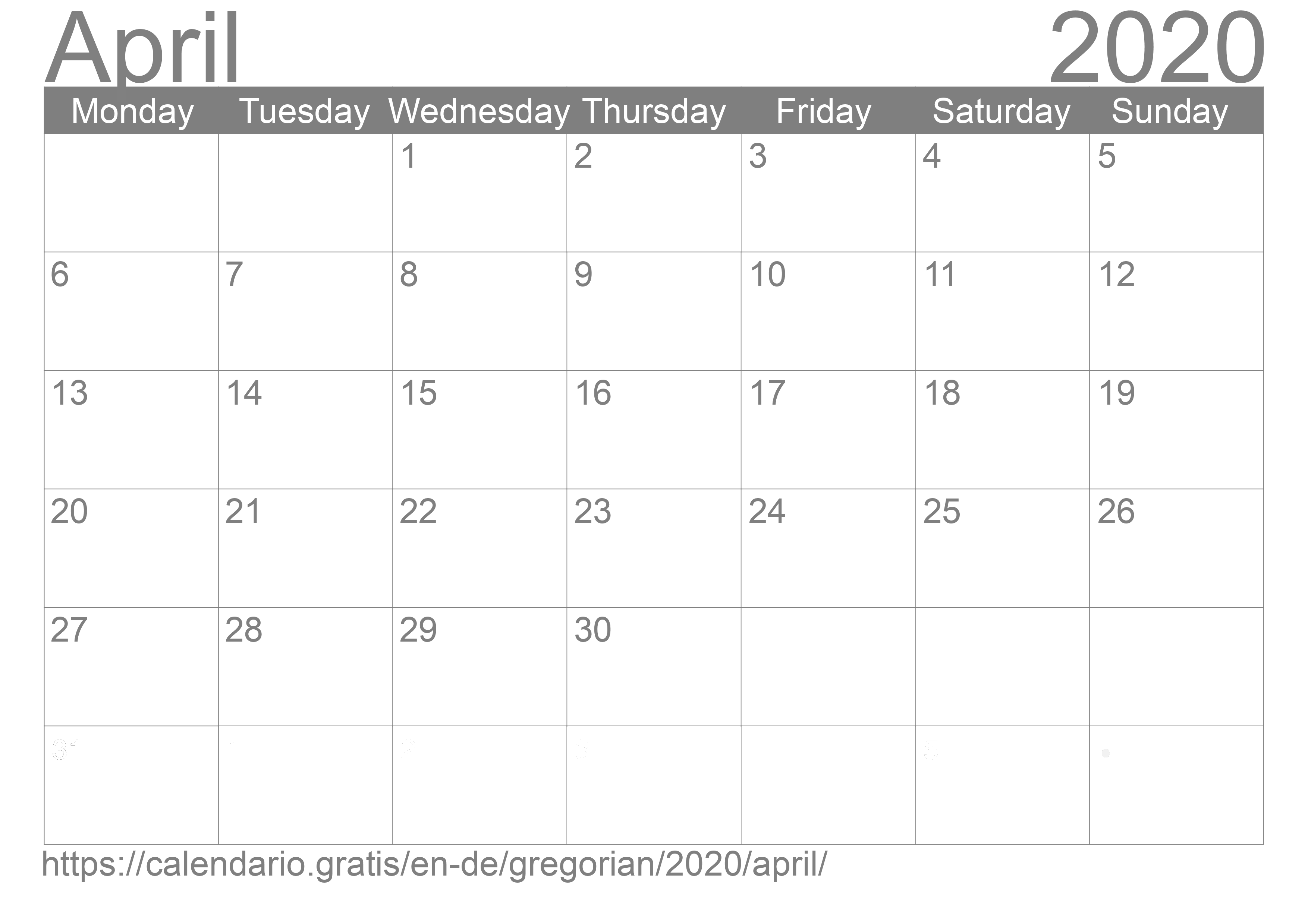 Calendar April 2020 to print