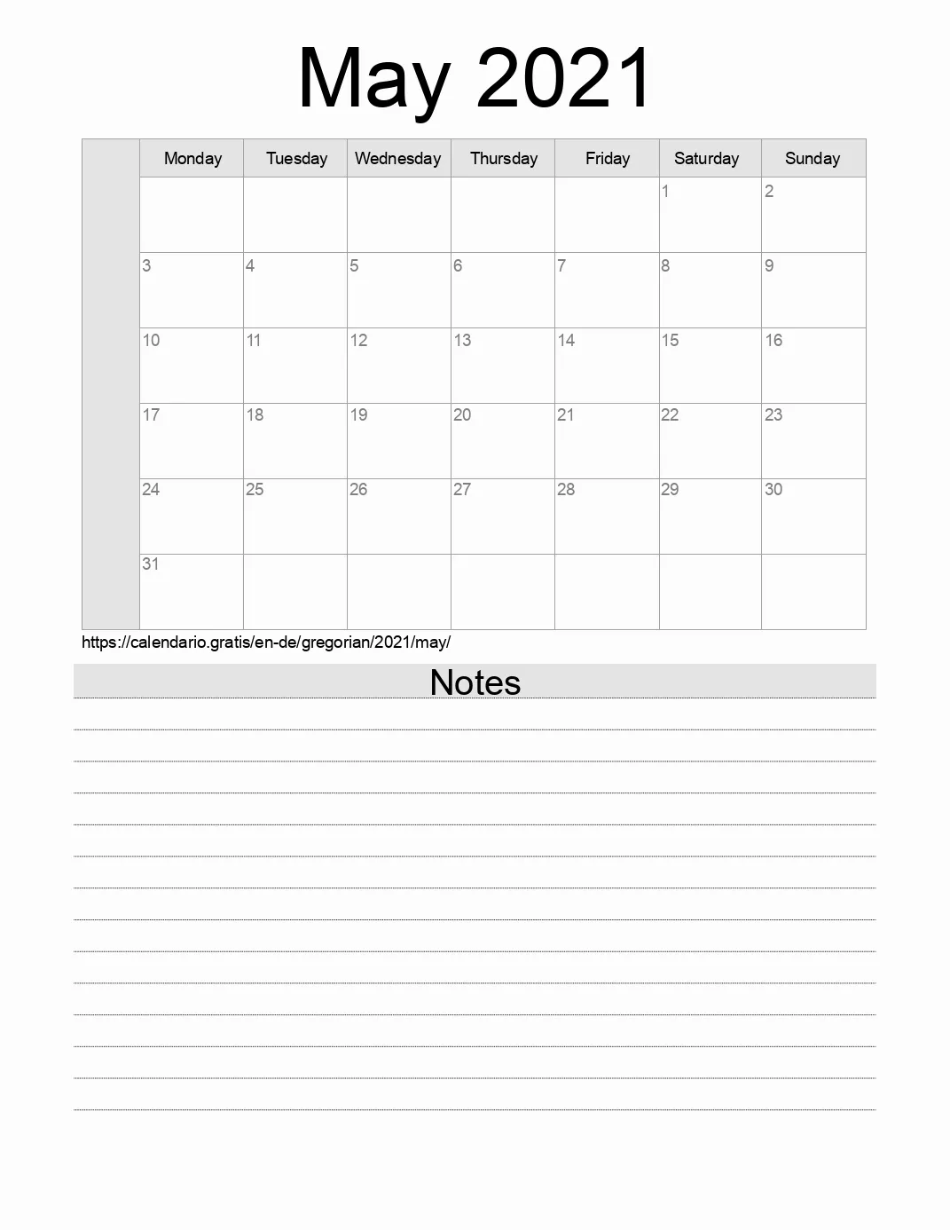 Calendar for printing with notes for 2021 May . (Germany) Calendar for printing with notes for 2021 May . (Germany)