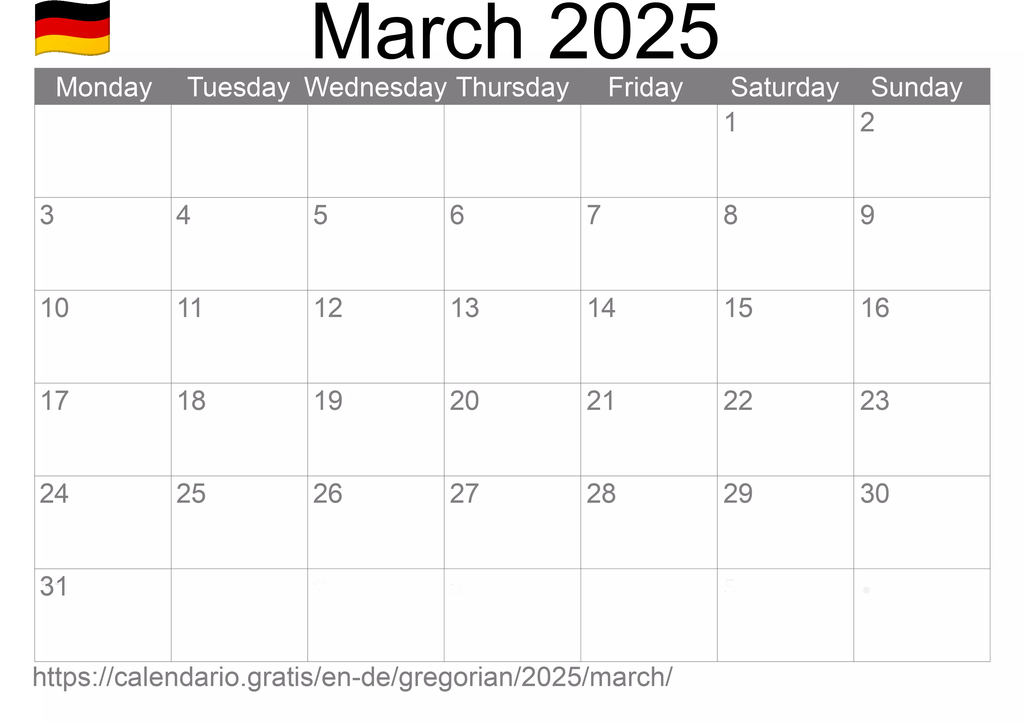 Calendar March 2025 to print (Germany)