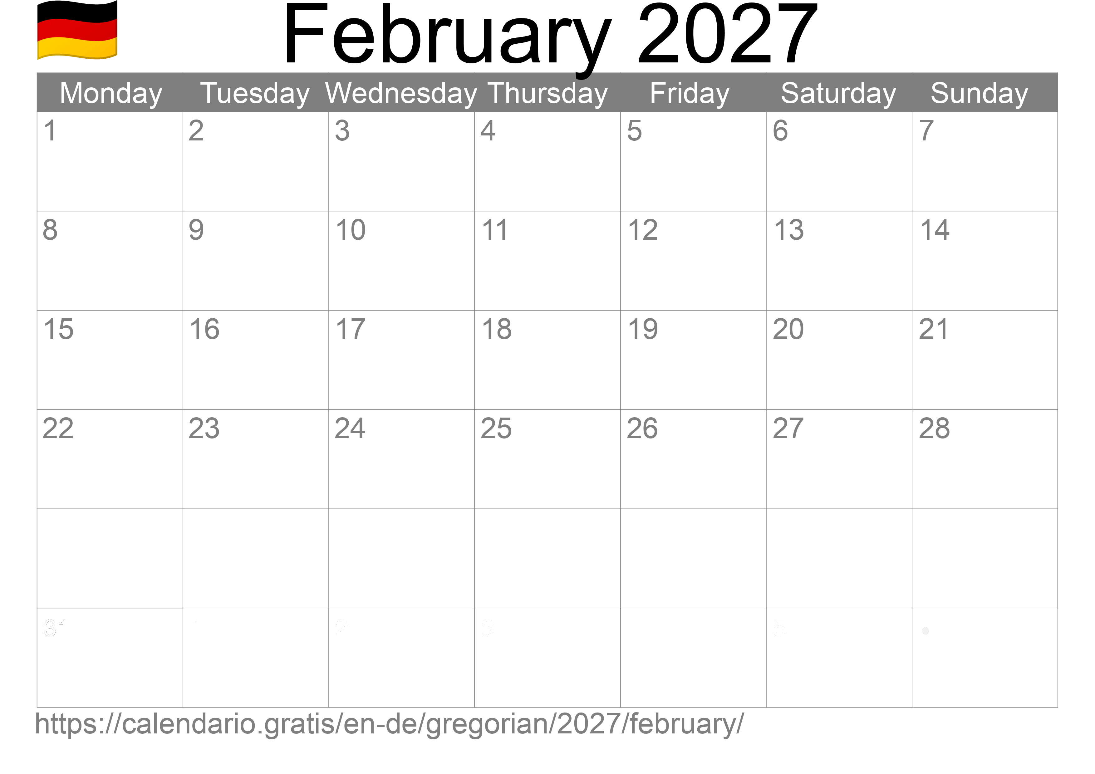 Calendar February 2027 to print