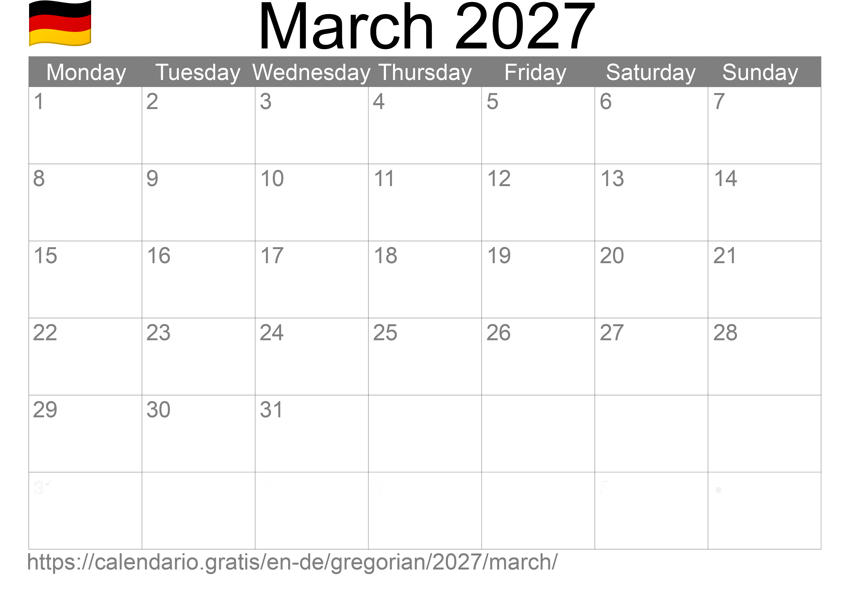 Calendar March 2027 to print