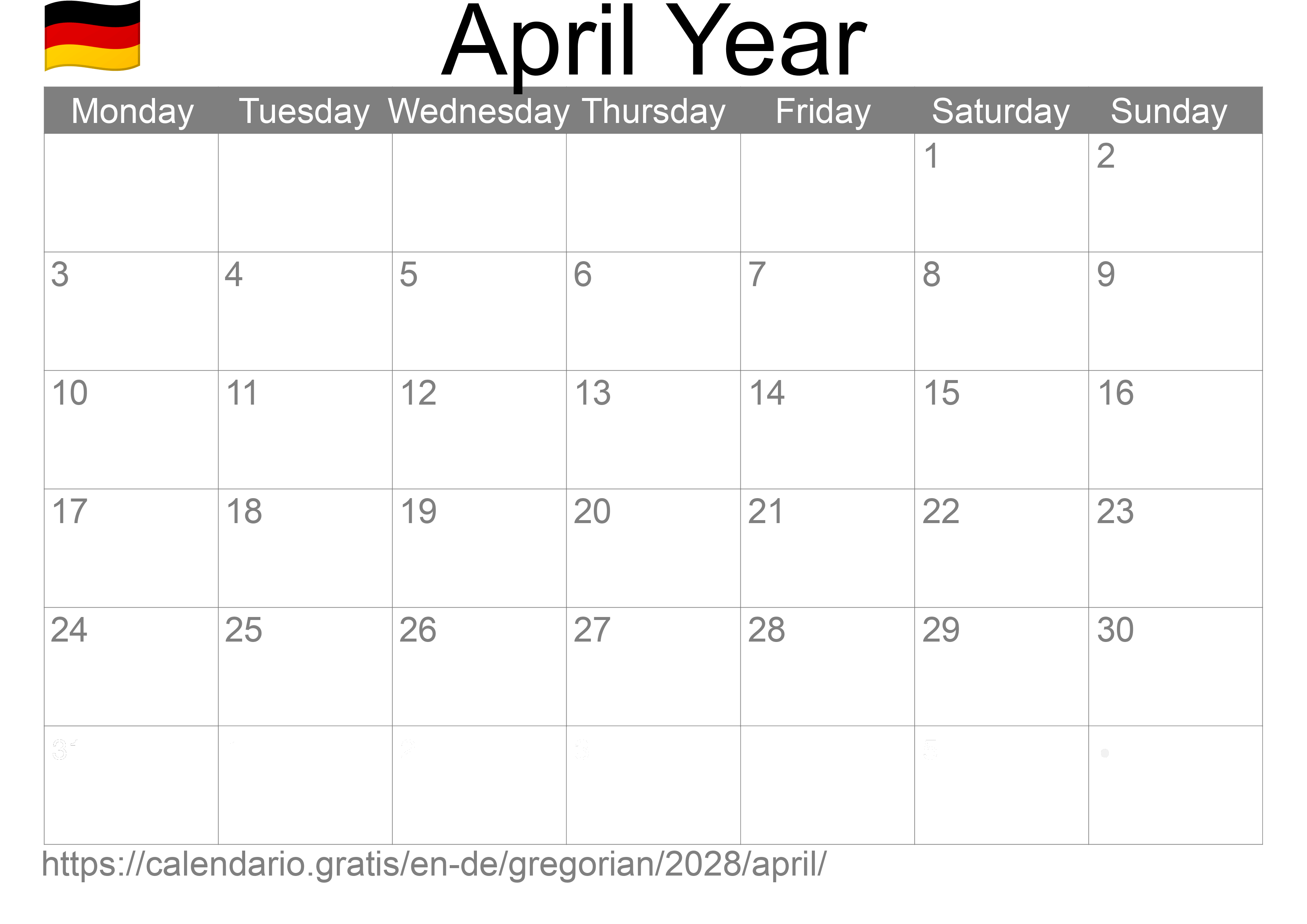 Calendar April 2028 to print