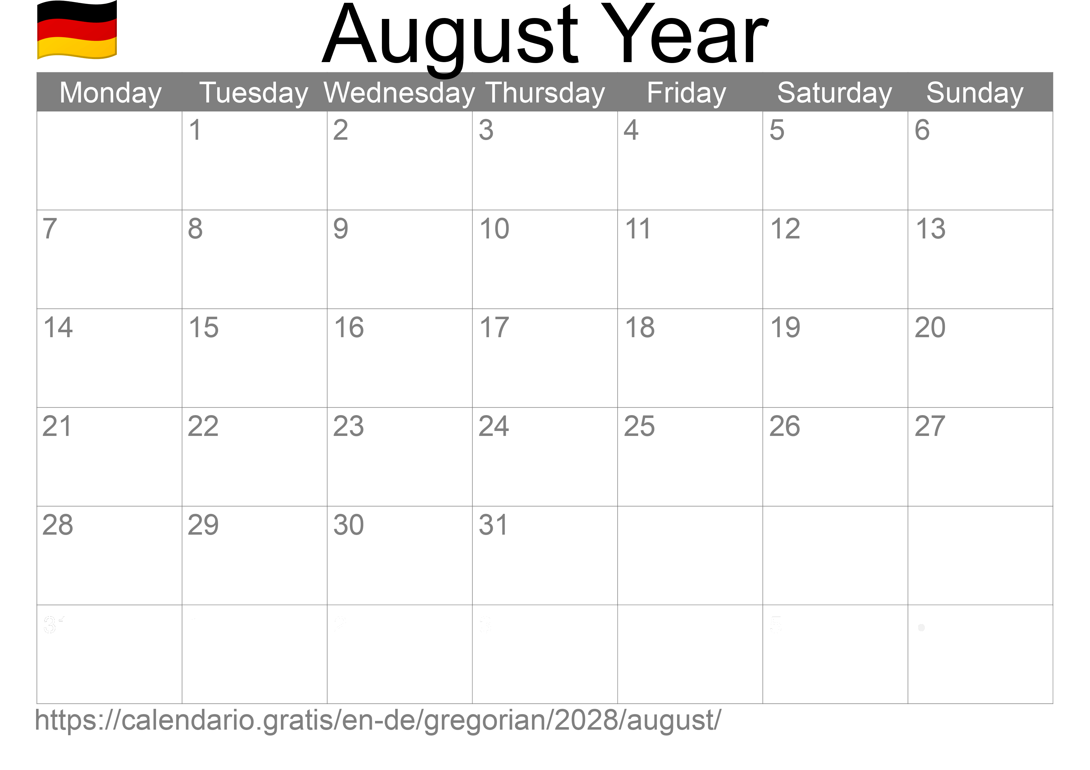 Calendar August 2028 to print