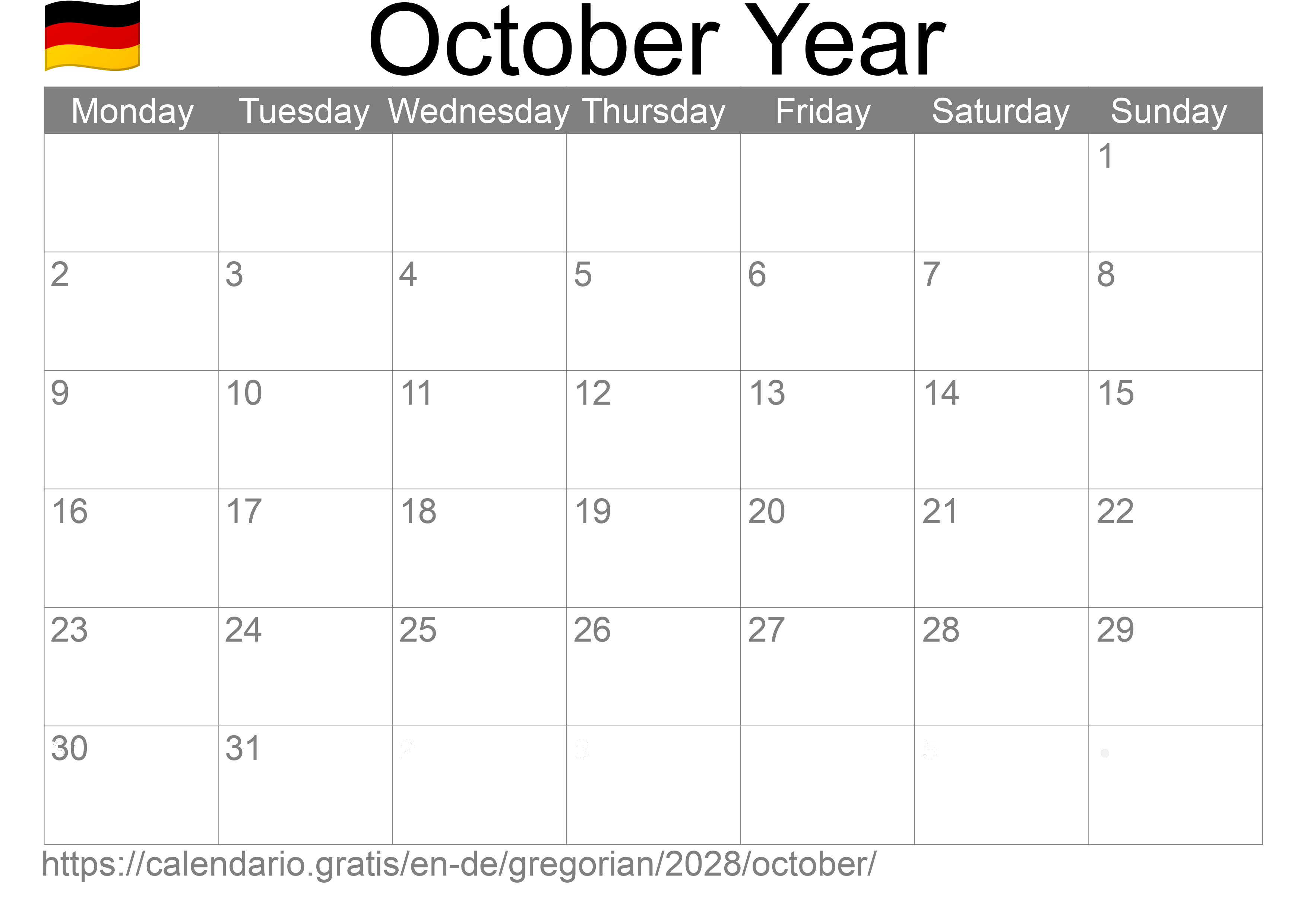 Calendar October 2028 to print