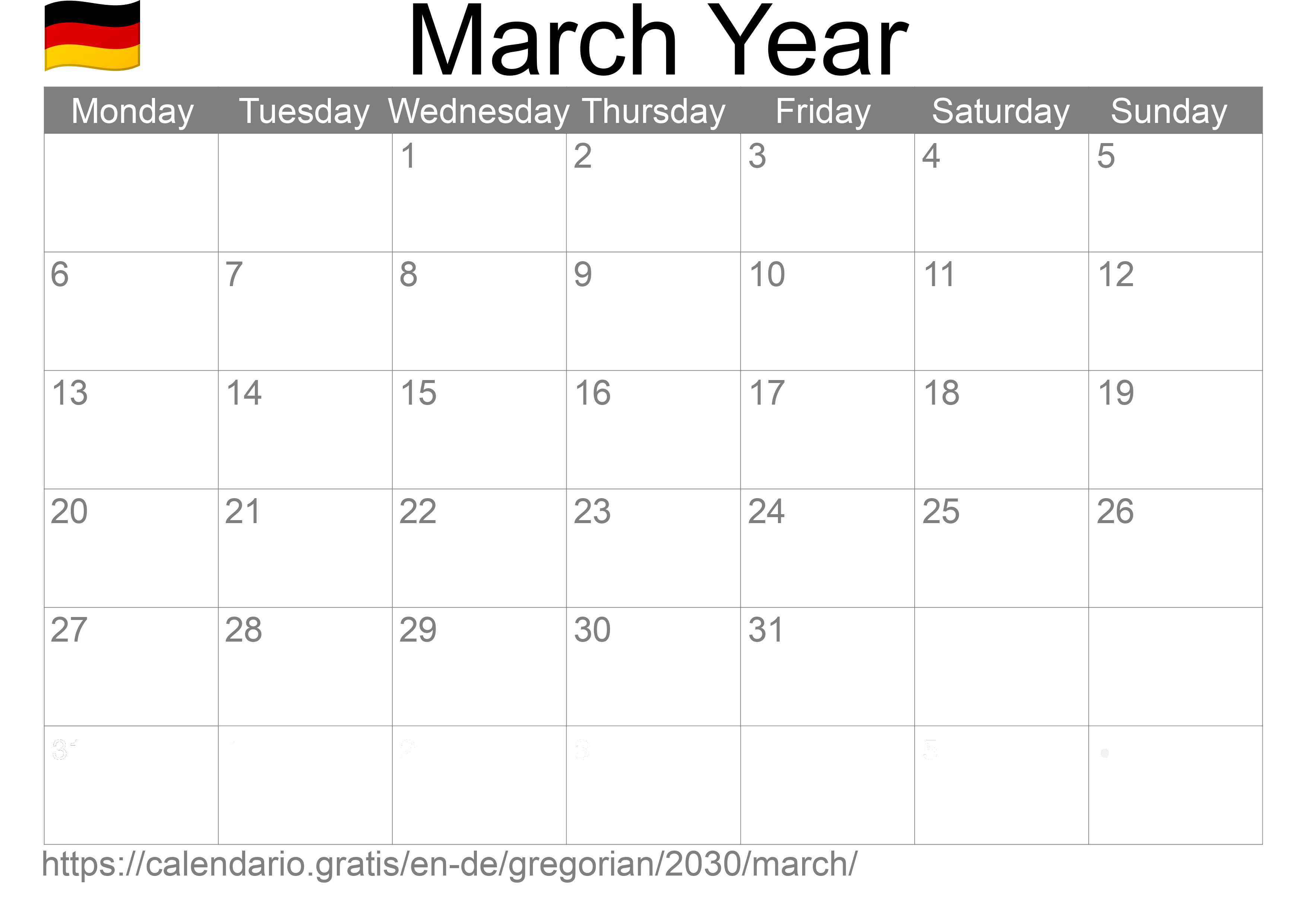 Calendar March 2030 to print