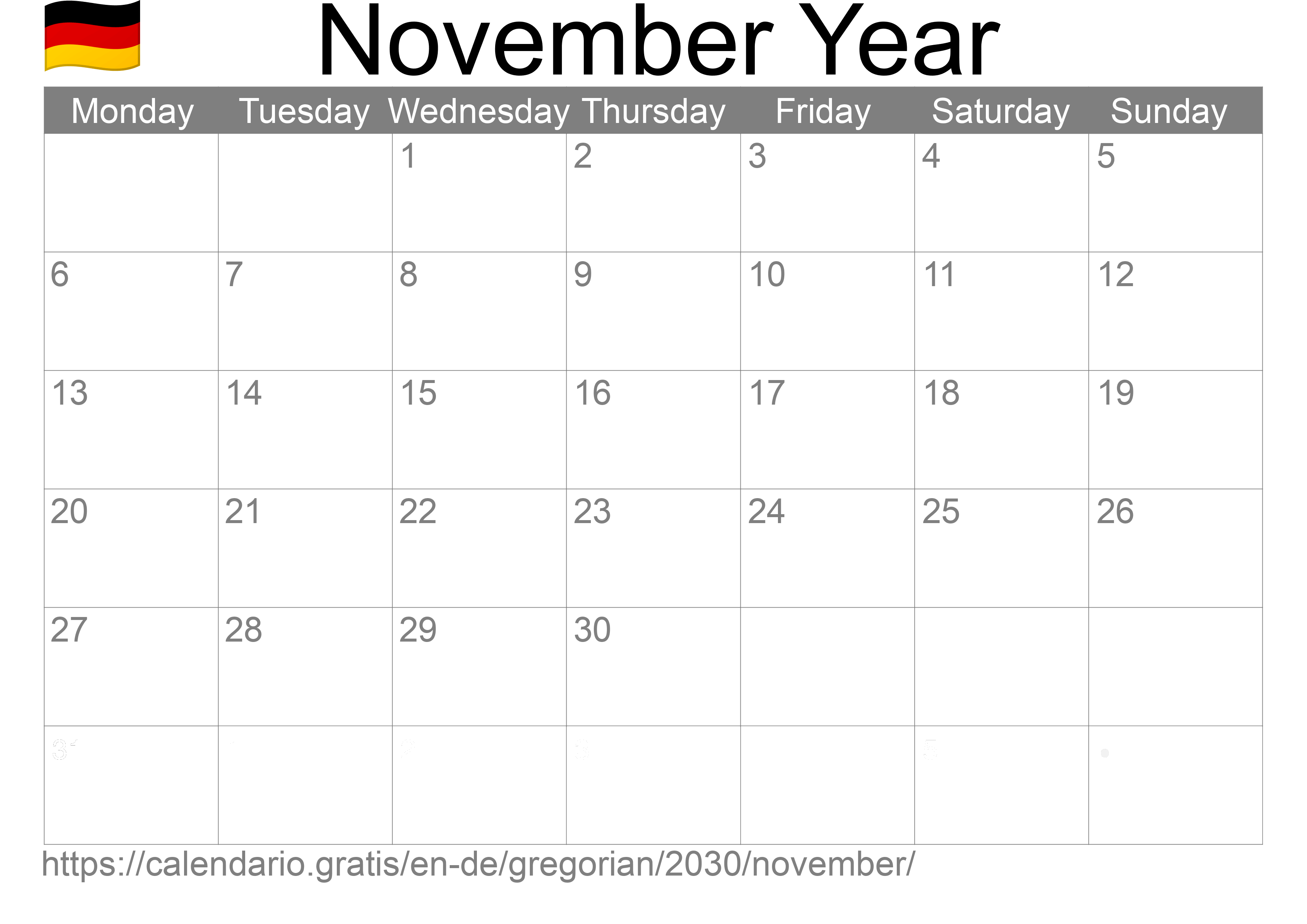 Calendar November 2030 to print