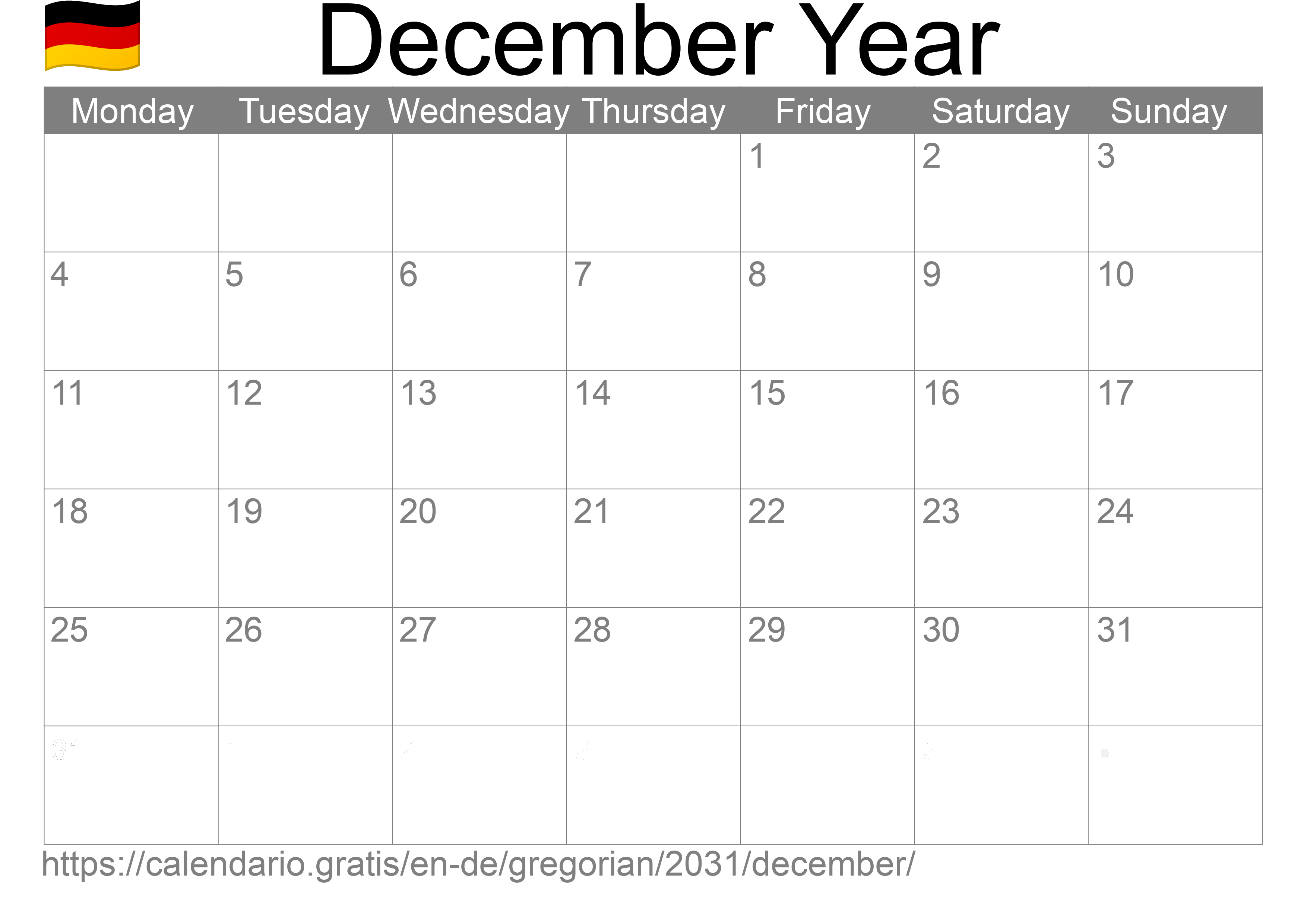 Calendar December 2031 to print