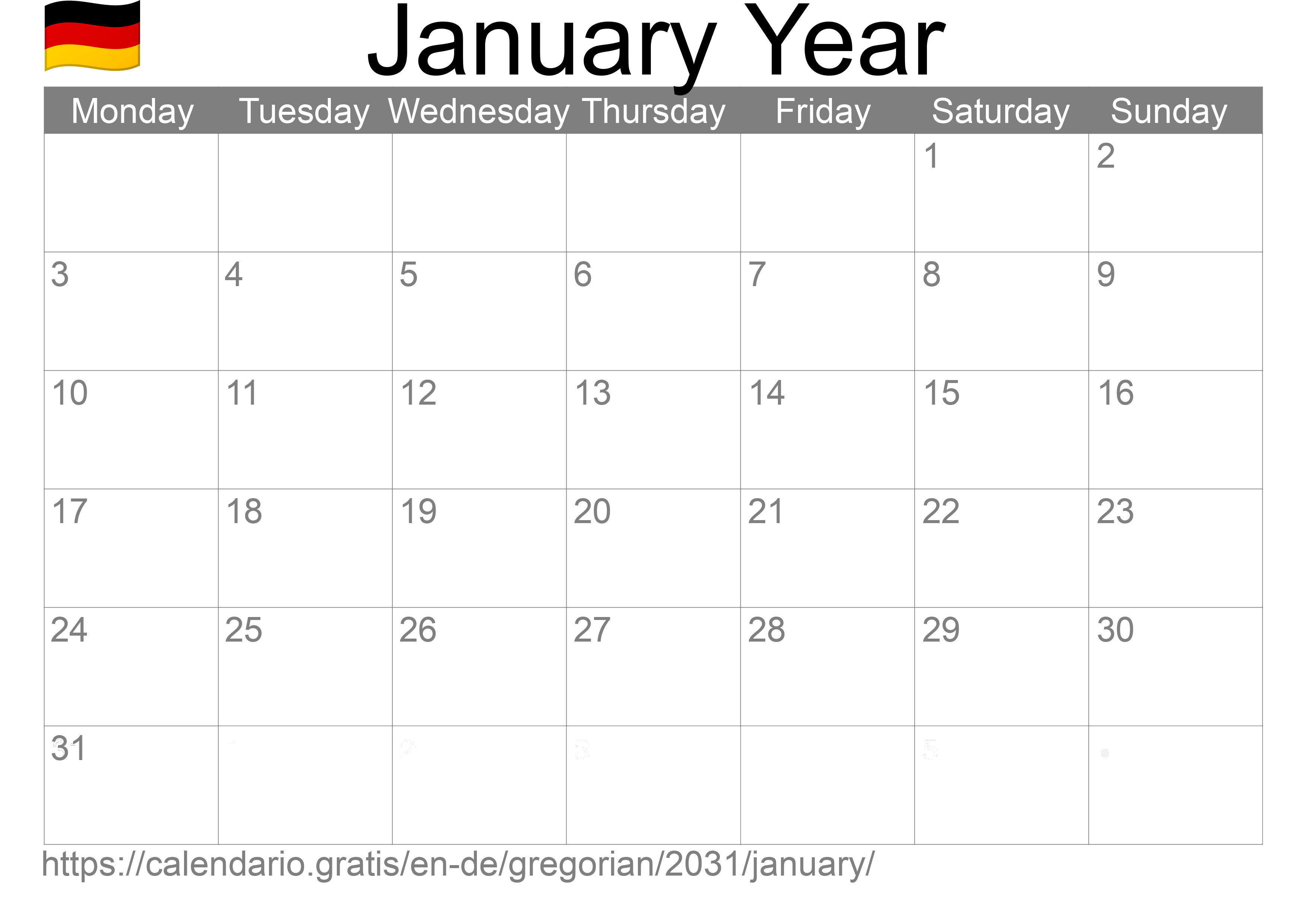 Calendar January 2031 to print