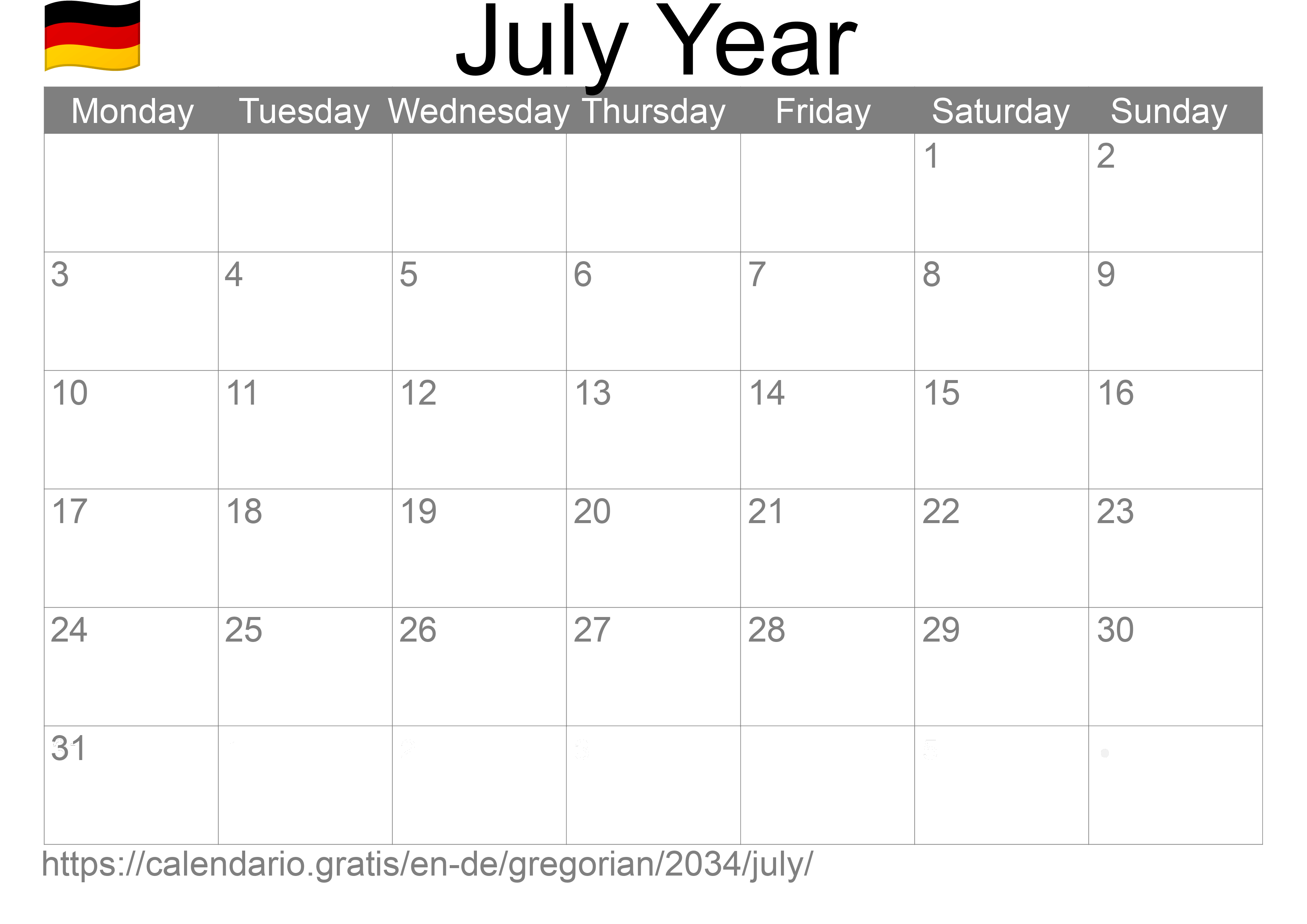 Calendar July 2034 to print