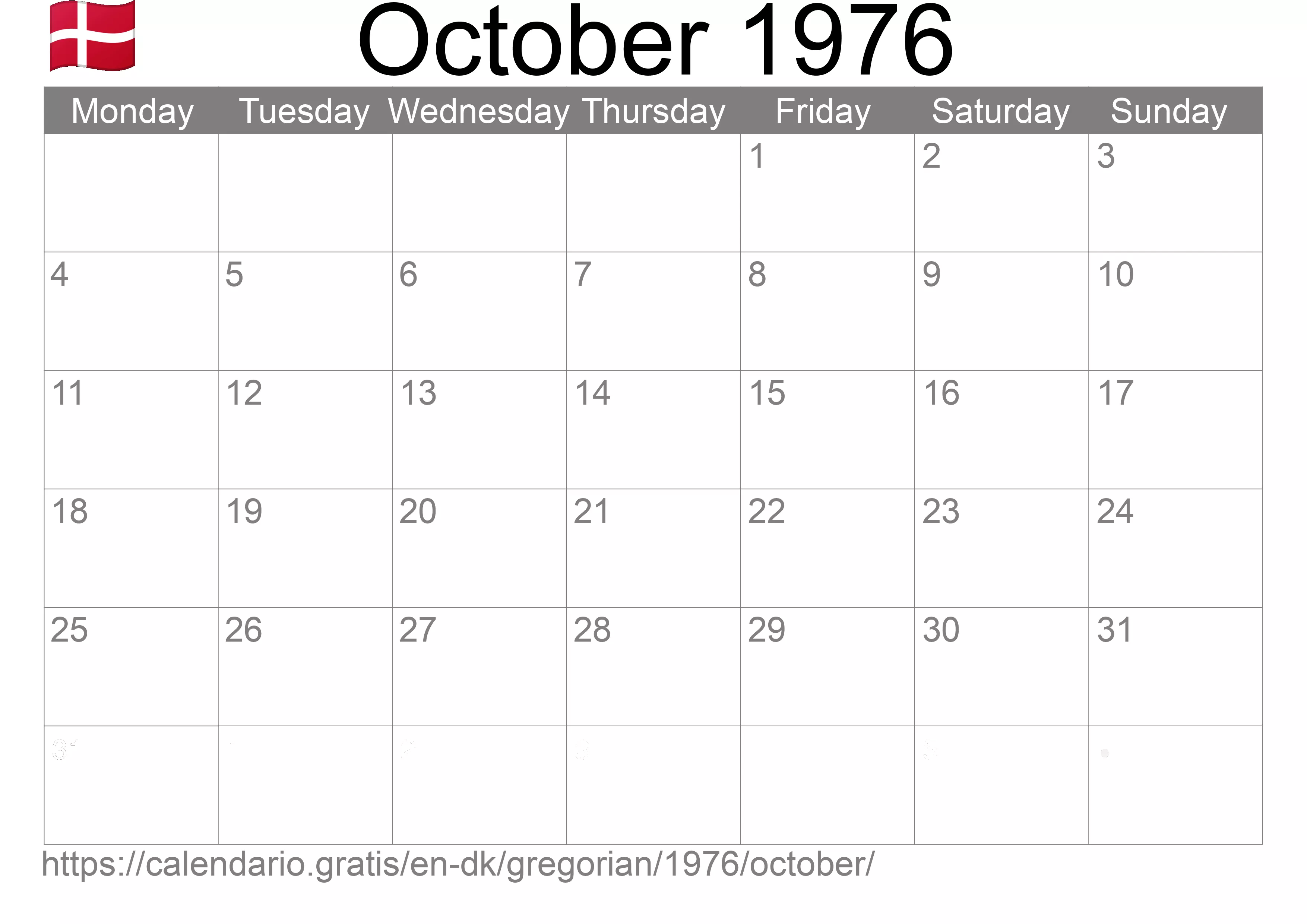 Calendar October 1976 to print (Denmark) Calendar October 1976 to print (Denmark)