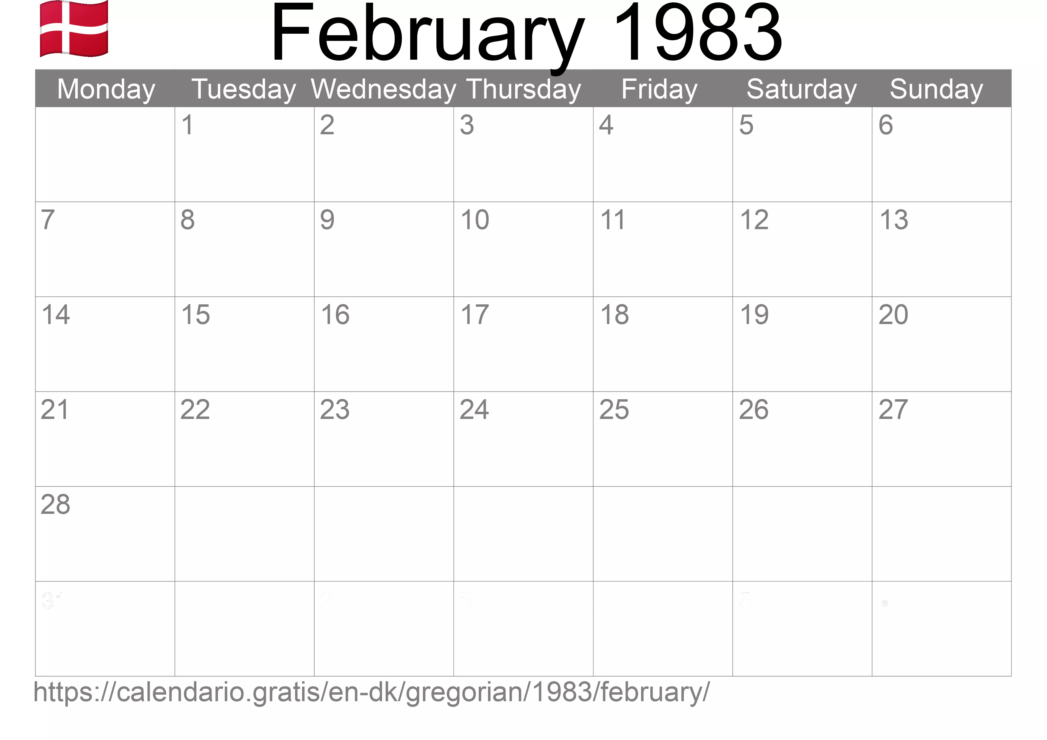 Calendar February 1983 to print (Denmark) Calendar February 1983 to print (Denmark)
