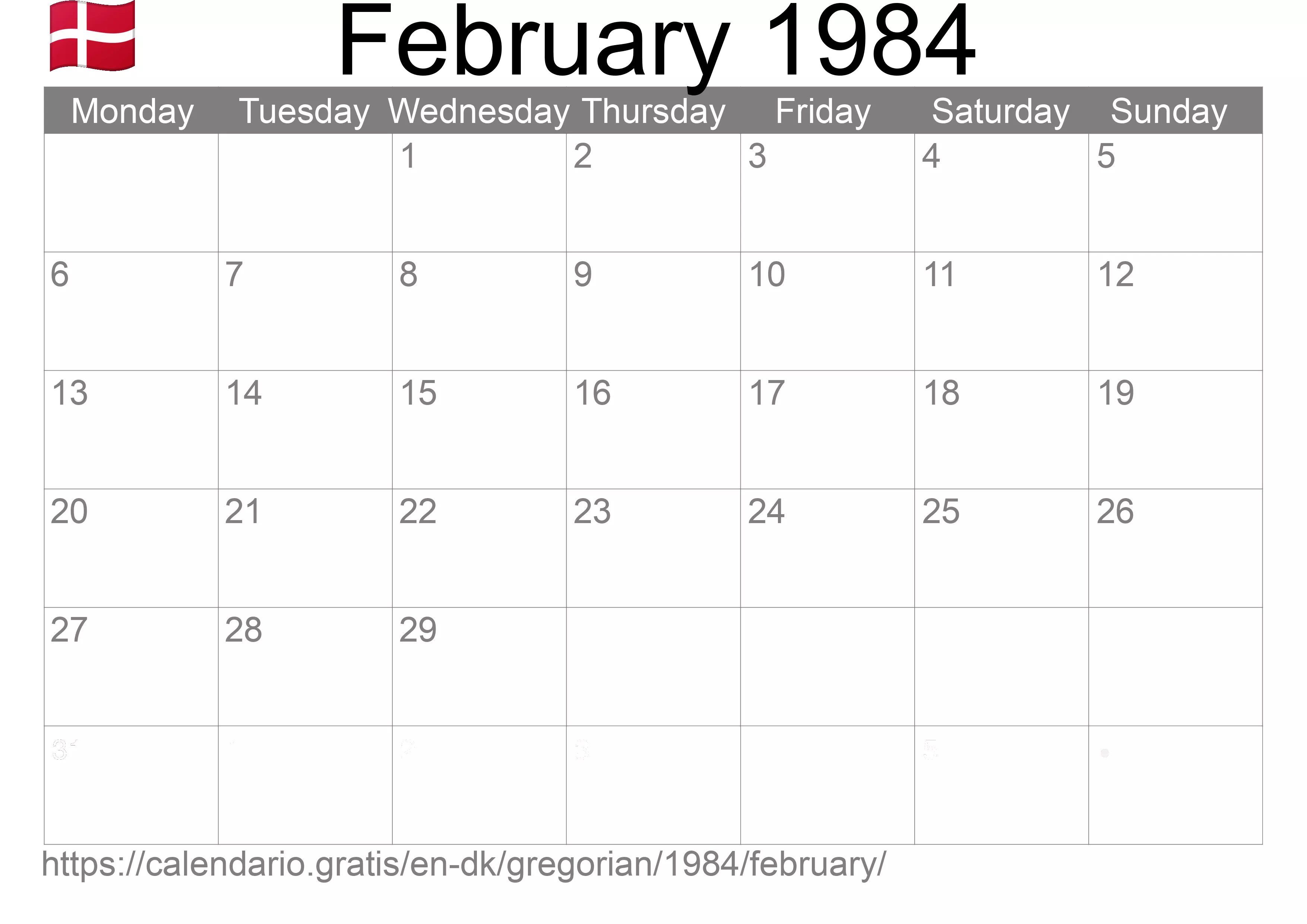 Calendar February 1984 to print (Denmark) Calendar February 1984 to print (Denmark)
