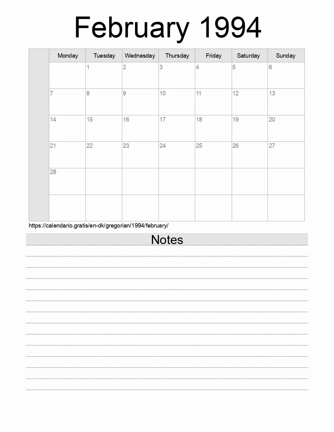 Calendar for printing with notes for 1994 February . (Denmark) Calendar for printing with notes for 1994 February . (Denmark)